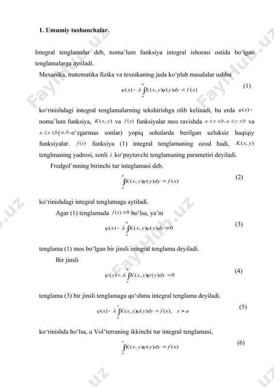 ilgan uzluksiz haqiqiy funksiyalar. funksiya (1) integral tenglamaning ozod hadi, tenglmaning yadrosi, sonli ko‘paytuvchi tenglamaning parametiri deyiladi. fredgol’mning birinchi tur integlamasi deb, (2) ko‘rinishdagi integral tenglamaga aytiladi. agar (1) tenglamada bo‘lsa, ya’ni (3) tenglama (1) mos bo‘lgan bir jinsli integral tenglama deyiladi. bir jinsli (4) tenglama (3) bir jinsli tenglamaga qo‘shma integral tenglama deyiladi. (5) ko‘rinishda bo‘lsa, u vol’terraning ikkinchi tur integral tenglamasi, (6) tekshirib ko‘rish qiyin emaski, agar ikkinchi tur fredgolintegral tenglamasining umumiy echimi mavjud bo‘lsa (7) ko‘rinishga ega bo‘ladi, bunda (3) tenglamaning umumiy echimi, esa (1) tenglamaning umumiy va xususiy echimlari bo‘lsa, bularning ayirmasi (3) tenglamaning echimidan iborat bo‘ladi. bundan darhol (7) tenglik kelib chiqadi. 2. fredgol’m ikkinchi tur integral tenglamasini parametr kichik bo‘lganda ketma-ket yaqinlashish usuli bilan echish. (1) tenglamani tekshiramiz, va funksiyalar o‘zlari aniqlangan sohalrda uzliuksiz bo‘lgani uchun (8) bo‘ladi. agar (1) tenglama parametr (9) shartni qanoatlantirsa, u holda bu tenglamalarning yagona echimi mavjud bo‘lib, uni …