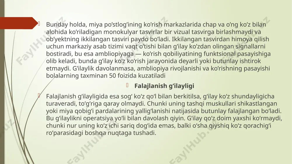 an farqlash kerak. g’ilaylikni tashxislash g’ilaylikda sinovlar o’tkazish bilan keng ko’lamli oftalmologik tekshirishlar, biometrik tekshiruvlar, ko’z tuzilmalarini tekshirish, refraktsiyani o’rganish kerak bo’ladi. anamnezni yig’ishda g’ilaylik yuzaga kelgan vaqt va uning boshdan o’tkazilgan kasalliklar va jarohatlar bilan bog’liqigi aniqlanadi. tashqi ko’rik vaqtida boshning majburiy holati (paralitik g’ilaylikda), yuz va ko’z chuqurlarining simmetriyasi, ko’z olmalarining joylashuvi (enoftalm, ekzoftalm) baholanadi. shundan so’ng ko’rish o’tkirligi tuzatishsiz va sinov linzalaridan foydalanilgan holda tekshiriladi. skiaskopiya va kompyuterli refraktometriya yordamida optimal korrektsiyani aniqlash uchun klinik refraktsiya tekshiriladi. agar sikoplegiya fonida g’ilaylik yo’qolsa yoki kamaysa, bu patologiyaning akkomodatsion xarakterli ekanligini ko’rsatadi. ko’zning old qismlari, shaffof muhit va ko’z tubi biomikroskopiya, oftalmoskopiya yordamida tekshiriladi. binokulyar ko’rishni tekshirish uchun ko’zni yopish bilan sinov o’tkaziladi: g’ilay ko’z bunda yon tomonga og’adi; sinoptofor apparat yordamida fuzion qobiliyat (tasvirlarni birlashtira olish qobiliyati) baholanadi. g’ilaylik burchagi o’lchovi (g’ilay ko’z og’ishi kattaligi), konvergentsiyani o’rganish, akkomodatsiya hajmini aniqlash amalga oshiriladi. g’ilaylikni davolash hamdo’st g’ilaylikda davolashning asosiy …