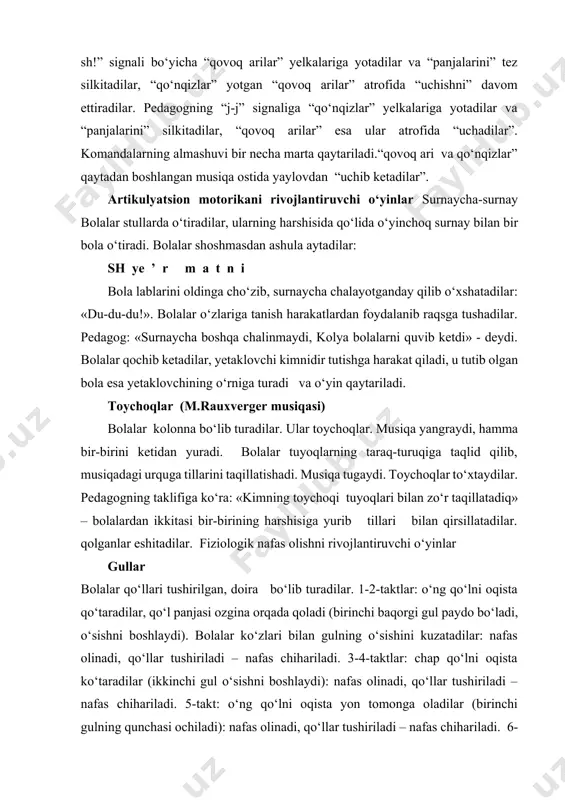 . 1-2-taktlar: o‘ng qo‘lni oqista qo‘taradilar, qo‘l panjasi ozgina orqada qoladi (birinchi baqorgi gul paydo bo‘ladi, o‘sishni boshlaydi). bolalar ko‘zlari bilan gulning o‘sishini kuzatadilar: nafas olinadi, qo‘llar tushiriladi – nafas chihariladi. 3-4-taktlar: chap qo‘lni oqista ko‘taradilar (ikkinchi gul o‘sishni boshlaydi): nafas olinadi, qo‘llar tushiriladi – nafas chihariladi. 5-takt: o‘ng qo‘lni oqista yon tomonga oladilar (birinchi gulning qunchasi ochiladi): nafas olinadi, qo‘llar tushiriladi – nafas chihariladi. 6-takt: chap qo‘lni oqista yon tomonga oladilar (ikkinchi gul ochiladi): nafas olinadi, qo‘llar tushiriladi – nafas chihariladi. 7-8-taktlar: qo‘llarni oxista ko‘taradilar, tepaga intiladilalr (gullar quyoshga intiladi): nafas olinadi, qo‘llar gavda bo‘ylab tushiriladi – nafas chikariladi. 9-16-taktlar: qo‘llarni sekin chapga-o‘ngga qimirlatishni boshlaydilar, keyin qatiqqroq, tana bilan (oldin yengil shamol esadi, keyin esa qattiq shamol turadi). bir vaqtning o‘zida lablarini oldinga cho‘zib shamol esishiga taqlid qiladilar. 17-18- taktlar: qo‘llar oqista tushiriladi (gullar yerga engashdi). gullar bilan mashqlar. («vals». a.jilina musiqasi) bolalar doira bo‘lib, qo‘llarida bir donadan gul …