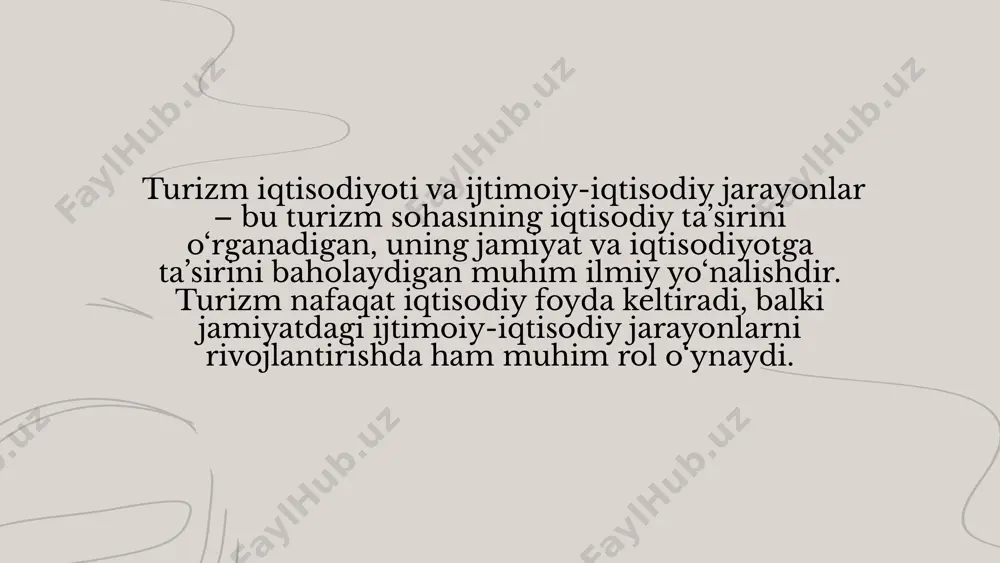 dimlari. madaniy va ko‘ngilochar obyektlar: muzeylar, teatrlar, tarixiy obidalar va ko‘ngilochar markazlarda ishlovchi xodimlar. bilvosita ish o‘rinlari: bu turizmning boshqa tarmoqlarga bo‘lgan talabini oshirishi natijasida yaratiladigan ish o‘rinlaridir: qishloq xo‘jaligi: mehmonxona va restoranlar uchun oziq-ovqat mahsulotlari yetkazib beruvchilar. sanoat: mehmonxonalar va restoranlar uchun jihozlar, mebellar va boshqa mahsulotlar ishlab chiqaruvchilar. qurilish sektori: turistik obyektlarni qurish va ta'mirlash ishlari bilan shug‘ullanuvchilar. marketing va reklama: turizm sohasini reklama qiluvchi kompaniyalar va xodimlar. hunarmandchilik va suvenir ishlab chiqarish: mahalliy ustalar va ishlab chiqaruvchilar. mavsumiy ish o‘rinlari: ko‘plab turistik hududlarda ish o‘rinlari mavsumiy xususiyatga ega bo‘ladi. masalan: sohilbo‘yi hududlarda yozgi mavsumda xizmat ko‘rsatuvchi xodimlar. tog‘li hududlarda qishki turizm uchun faoliyat yurituvchi ishchilar (chang‘i kurortlari, yo‘riqchilar). innovatsion yo‘nalishlar orqali yangi ish o‘rinlari: zamonaviy turizm texnologiyalari va xizmatlari yangi kasblarni yaratmoqda: raqamli xizmatlar: online platformalar, turistik ilovalarni ishlab chiqish va boshqarish (it mutaxassislar, veb-dizaynerlar). barqaror turizm: ekoturizm va agroturizmda ishlaydigan mutaxassislar. kreativ iqtisodiyot: madaniy festivallar, foto …