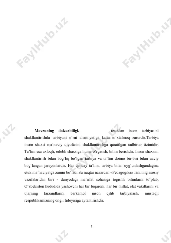 hilarning imkoniyatlari va qiziqishlari tahlilidan, iqtisodiy va ijtimoiy muhitdan kelib chiqib, ularni urli soha boʻyicha kasb asoslariga yoʻnal tirish va ta`limda tabaqalashtirilgan yondashuvni joriy etish; - yosh oilalar bilan ishlash, tibbiy tarbiyaviy, huquqiy, ma`naviy-ma`rifiy, ijtimoiy tushunchalar berish uchun maxsus tadbirlarni amalga oshirish; oʻz hududidagi mahalla jamoalarining faoliyatini tarbiyaviy maqsad yoʻlida muvofiqlashtirish, tarbiyasi "ogʻir", qarovsiz qolgan bolalarning ota-onalari bilan ishlash, oilalarga pedagogik yordam berish; - bola tarbiyasi yaxshi yoʻlga qoʻyilgan oilalarni tegishli idoralar hamkorligida oʻrganib, tajribalarini ommalashtirish; oʻqishni va ishlashni xohlamaydigan, bezorilik yoʻliga kirib ketgan oʻsmirlarni hisobga olib, ularga tegishli tashkilotlar bilan birgalikda zarur choralar koʻrib, ota onalar yigʻinlarida muhokama qilish. kurs ishining obekti munosabatlarni shakllantiradigan va unda faoliyat ko‘rsatadigan kadrlarning ichki dunyosi - «mеni» yuksak idеallar, milliy qadriyatlar asosida qaror topishi uchun ta`lim-tarbiya tizimining butun yo‘nalishi insonparvarlik g‘oyasi bilan sug‘orilgan bo‘lishi lozim, ya’ni bozor iqtisodiyoti munosabatlari odamda hayvoniy hirslar rivoji uchun emas, aksincha, insoniy fazilatlar to‘la ravishda ro‘yobga chiqishiga hizmat …