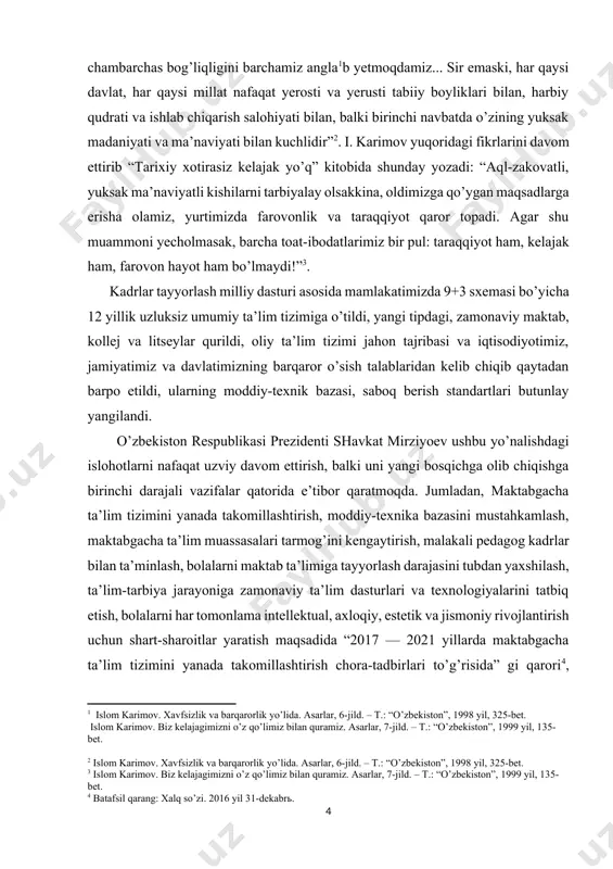 ekabrь.] [5: батафсил қаранг: халқ сўзи. 2017 йил 13-январь.] shu sababli sh. mirziyoev yuksak ma’naviyatli, mustaqil fikrlaydigan, zamonaviy bilim va kasb-hunarlarni puxta egallagan yoshlarni tarbiyalash, ularda milliy va umuminsoniy qadriyatlarga hurmat hissini yuksaltirish dolzar vazifa ekanligiga alohida e’tibor qaratmoqda. jumladan, shavkat mirziyoevning saylovoldi dasturida “kamolot” yoshlar ijtimoiy harakati barcha yoshlar intiladigan, ularning qobiliyat va iqtidorini ro’yobga chiqaradigan va manfaatlarini haqiqiy himoya qiladigan tashkilotga aylanishi zarur[footnoteref:6], deb hisobladi. bu borada alohida e’tiborni uyushmagan yoshlar bilan ishlashga va ularni tashkilot faoliyatiga jalb etishga qaratib, “kamolot” yoshlar ijtimoiy harakatining o’zini mustahkamlash, uning mamlakatimizdagi barcha yoshlar chin dildan intiladigan tashkilotga, ortiqcha tadbirlar o’tkazish va rasmiyatchilik ko’rinishlaridan xoli bo’lgan, yoshlar manfaatlarining haqiqiy himoyachisiga aylanishiga erishish” lozimligini urg’uladi.[footnoteref:7] [6: http://uzlidep.uz/uzc/news/uzbekiston-respublikasi-prezidentligiga-nomzod-shavkat-miromonovich-mirziyoevning-dasturi] [7: xxi asr. 2016 yil 20 oktyabr.] qolaversa “ko’plab dasturlarni qabul qilmoqdamiz, lekin ularni amalga oshiradigan, tashab­buskor va vatanparvar, yuqori malakali kadrlar yetarlimi? oliy o’quv yurtlarida tayyorlanayotgan mutaxassislar oldimizga qo’yilgan bunday ulkan vazifalarni bajarishga qodirmi? ularga …