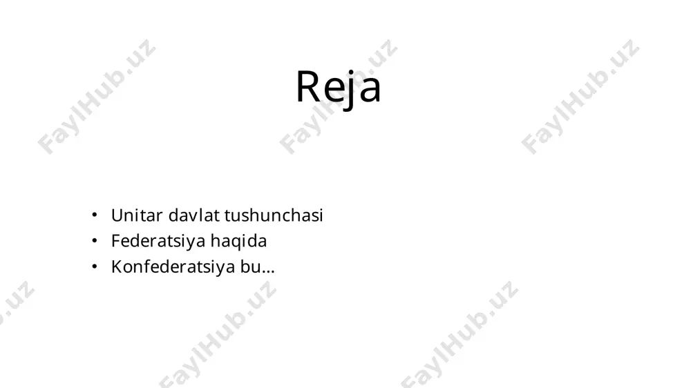 ya federativ respublikasi misol bo’lishi mumkin. assimetrik assimetrik federatsiya - federatsiya yoki ittifoqning boshqa turlari bo'lib, unda turli xil ta'sischi davlatlar turli xil vakolatlarga ega: bir yoki bir nechta subyekt bir xil konstitutsiyaviy maqomga ega bo'lsa-da, boshqa subyektlarga qaraganda sezilarli darajada ko'proq avtonomiyaga ega. bunga misol qilib kanada,hindiston federatsiyalarini olishimiz mumkin "yumshoq federatsiya" - subyektlari ajralib chiqish huquqiga ega bo'lgan federatsiya. hozirda yumshoq federatsiyaga yagona misol tariqasida efiopiyani keltira olamiz unitar federatsiya konfederatsiya bu siyosiy,harbiy,iqtisodiy yoki boshqa sohada muayyan bir maqsadga erishish uchun birlashgan mustaqil davlatlarning muvaqqat ittifoqi. konfederatsiyaning asosiy belgilari konfederatsiya suverenitetga ega bo’lmaydi markaziy davlat apparati va yagona qonunchilik tizimi bo’lmaydi konfederatsiyaga birlashgan davlatning fuqarolari o’z fuqaroligini saqlab qolishadi,lekin bu davlat fuqarolari konfederatsiya hududida erkin haratlana olishadi hozirgi kunga qadar mavjud konfederatsiyalar belgiya yevropa ittifoqi rossiya va belorus ittifoq davlati sebiya va montenegro svetzerland savollar uchun: time2hype image1.png image2.jpg /docprops/thumbnail.jpeg