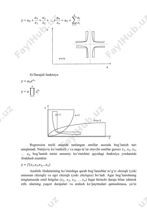 effitsientlarining qiymatlarini topish talab qilinadi. ushbu qiymat eng kam bo’lishi ushun birinchi darajali hosilalari nolga teng bo’lishi kerak: uning echimi quyidagicha amalga oshirilishi mumkin: , , …, bu erda - tenglama tizimi aniqlovchisi, – hususiy aniqlovchilar. bunda tizimning aniqlovchilari esa matritsasining tegishli ustunini tizimning chap tomonidagi ma'lumotlar bilan almashtirish orqali olinadi. mustaqil ishlash ushun nazorat savollari 1. ko’p omilli korrelyatsiya tahlili usullarini qo’llayotgan izlanuvchilar oldida turadigan asosiy muammolar nimalardan iborat? 2. agar bog’lanishning tenglamasida omil belgilar faqat birinchi daraja bilan ishtirok etib, ularning yuqori darajalari va aralash ko’paytmalari qatnashmasa, u holda u qanday bog’lanish hisoblanadi? 3. ko’p omilli ekonometrik (regression) modelga kiritiladigan omillarga qo’yiladigan talablar nima? 4. “eng kishik kvadratlar” usuli yordamida ko’p omilli ekonometrik modelning koeffitsientlarini qanday hisoblanadi? 5. tenglamaning parametrlari qaysi hollarda mohiyatli hisoblanadi? 6. elastiklik koeffitsientlarining iqtisodiy mohiyati nimalardan iborat va ular qanday hisoblanadi? 7. qaysi hollarda omillar multikolleniar hisoblanadi? 8. determinatsiya koeffitsienti nimani baholaydi? 9. hususiy …