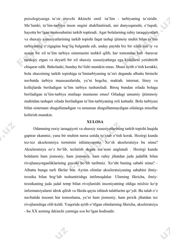 al salohiyatini oshirish va kasbiy shakllanishida ijtimoiy intellektni aniqlash usullarini chuqur o‘rganish va dinamikasining xususiyatlarini tahlil etish muhimdir. yoshlarning shaxslar- aro munosabatlarida intellektual qobiliyatlari birligida ijtimoiy muhit, suhbat- doshlarning xatti-harakatlari, shaxsiy fazilatlari, kechinmalarini baholash imkoniyat- lari qonuniyat jihatidan mustahkam bog`liqdir. muloqot ishtirokchisining hissiyoti, fikr va niyatlarini tushunish qobiliyatiga egalik ijtimoiy intellektning o‘sishiga ham, murakkab mantiqiy munosabatlarni tushunishga ham ijobiy ta’sir ko‘rsatib, tushunchalarning muhim va nomuhim jihatlarini farqlay olishni axborotlarni ko‘rish orqali qayta ishlash imkoniyatlarining o‘sishiga olib kelib, yoshlarning kasbiy va shaxsiy kamolotida o‘z-o‘zini namoyon etishida ko‘rinadi . shaxs va uning psixologiyasiga ta’sir etuvchi ikkinchi omil -ta’lim - tarbiyaning ta’siridir. ma’lumki, ta’lim-tarbiya inson ongini shakllantiradi, uni dunyoqarashi, e’tiqodi, hayotta bo‘lgan munosabatini tarkib toptiradi. agar bolalarning ruhiy taraqqiyotlari va shaxsiy xususiyatlarining tarkib topishi faqat tashqi ijtimoiy muhit bilan ta’lim tarbiyaning o‘zigagina bog‘liq bulganda edi, unday paytda biz bir xilda sun’iy va aynan bir xil ta’lim tarbiya sistemasini tashkil qilib, har tomondan bab …