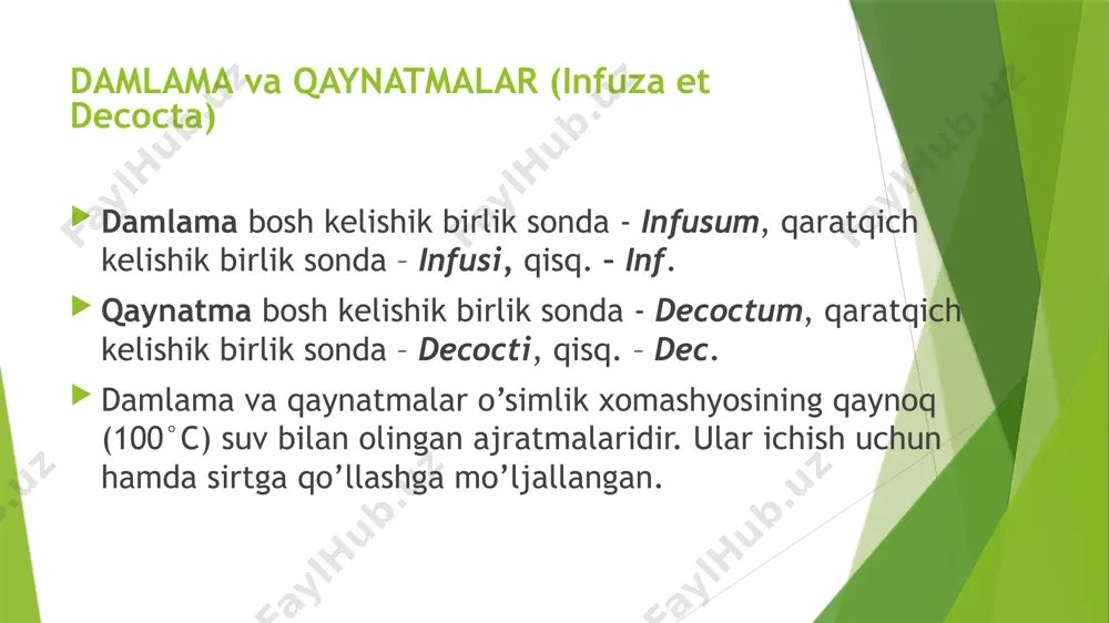 kelishik (birlik sonda) qaratqich kelishigi (birlik sonda) qaratqich kelishigi (ko’plik sonda) po’stloq кора cortex corticis ildiz корен radix radicis ildizpoya корневище rhizoma rhizomatis o’t трава herba herbae barg лист folium foliorum gul цветок flos florum meva плод fructus fructuum reseptda faqatgina qisqartirilgan shaklda yoziladi. rp.: belgisidan keyin katta harfda, qaratqich kelishigi birlik sonda dori vositasining nomi (infusi yoki decocti), so’ngra qaratqich kelishigi birlikda yoki ko’plikda o’simlik qismininig nomi kichik harflarda, so’ngra o’simlikning nomi qaratqich kelishigida katta harflarda yoziladi, dori xomashyosining miqdori grammlarda, damlama yoki qaynatmaning miqdori millilitrda ko’rsatiladi: reseptga misol. termopsis o‘tidan 1:300 nisbatda 180 ml damlama yozib berilsin. 1 osh qoshiqdan kuniga 4 mahal 3 kun mobaynida ichishga buyurilsin. hisob: 1) damlamaning umumiy hajmi: 1 osh qoshiqdan kuniga 4 mahal 3 kun davomida = 12 osh qoshig’i yoki 180 ml (1 osh qoshig’i = 15 ml bo’lsa, 12 x 15 = 180 ml); 2) dori xomashyosining miqdori: konsentrasiya 1:300, …