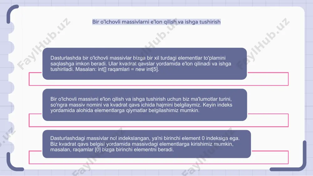 motlar tuzilmasi hisoblanadi. ular doimiy xotira blokida saqlanadigan elementlar to'plamidan iborat. bir o'lchovli massivning elementlarini takrorlash uchun siz tsikldan foydalanishingiz va har bir elementga indeksi bo'yicha kirishingiz mumkin. bir o'lchovli massivning elementlarini saralash bir o'lchovli massivlar bir xil turdagi ma'lumotlarning elementlari to'plamini chiziqli tarzda saqlash uchun ishlatiladi. bir o'lchovli massivning elementlarini saralash elementlarni qiymatlari bo'yicha o'sish yoki kamayish tartibida joylashtirishni o'z ichiga oladi. buni qabariqni saralash, tanlashni saralash yoki kiritish tartibi kabi tartiblash algoritmlari yordamida amalga oshirish mumkin. bir o'lchovli massivda elementni qidirish bir o'lchovli massivlar - bir xil turdagi ma'lumotlarning elementlarini chiziqli tartibga solishda saqlaydigan ma'lumotlar strukturasining bir turi. bir o'lchovli massivdagi elementni qidirish massivning har bir elementi bo'ylab takrorlashni va uni maqsadli element bilan taqqoslashni o'z ichiga oladi. agar moslik topilsa, element indeksi qaytariladi; aks holda, element topilmaganligini ko'rsatish uchun -1 kabi maxsus qiymat qaytarilishi mumkin. bir o'lchovli massivlarda umumiy amallar massivlar bir xil turdagi elementlarning qat'iy o'lchamdagi …