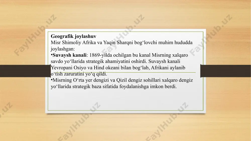 aytirmoqchi bo‘ldi. ingliz bosqini (1882-yil): britaniya misrni protektorat sifatida o‘ziga bo‘ysundirib, xalqaro savdo yo‘llarida o‘z hukmronligini mustahkamladi. harbiy ahamiyat misr harbiy jihatdan ham muhim edi: suvaysh kanali orqali harbiy flotlarning harakati xalqaro nizolar uchun strategik imkoniyat yaratdi. misrning osiyo va afrika o‘rtasida joylashganligi uni mintaqadagi harbiy bazalar uchun qulay hududga aylantirdi. yaqin sharq siyosati va arab millatchiligi misr yaqin sharqdagi arab davlatlari orasida siyosiy yetakchilik rolini egalladi: misr milliy ozodlik harakati boshqa arab mamlakatlarining ozodlik kurashlariga ilhom berdi. 19-asr oxiri va 20-asr boshlarida misr mintaqaviy siyosatda lider sifatida ko‘rildi. misrning strategik ahamiyati 19-asr va 20-asr boshlarida xalqaro siyosiy va iqtisodiy munosabatlarni shakllantiruvchi muhim omillardan biri bo‘ldi. suvaysh kanalining qurilishi, yevropa davlatlarining raqobati va milliy ozodlik harakatlari misrni xalqaro munosabatlarning markaziy nuqtalaridan biriga aylantirdi. misrning geografik joylashuvi misrning geografik joylashuvi uni afrika, osiyo va yevropa o‘rtasida aloqalarni ta’minlovchi muhim mintaqaga aylantirgan: afrika va osiyo tutashgan hudud: misr afrikaning shimoliy chekkasida joylashgan …
