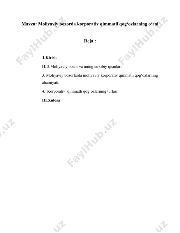r — bu xususiy korxonalar tomonidan chiqariladigan moliyaviy vositalar bo‘lib, ularning asosiy vazifasi investitsiyalarni jalb qilishdir. ular orqali korxonalar yangi ishlab chiqarish quvvatlarini ishga tushirish, tadqiqotlar olib borish, mavjud faoliyatini kengaytirish imkoniyatiga ega bo‘ladilar. korporativ qimmatli qogʻozlarning moliyaviy bozordagi ahamiyati: · kapitalni jalb qilish vositasi sifatida faoliyat yuritadi; · investorlar uchun daromad manbai bo‘ladi; · bozor iqtisodiyotida muvozanatni ta’minlaydi; · korxonalarning moliyaviy barqarorligini oshiradi; · korporativ boshqaruvni shaffoflashtiradi va kompaniya haqida ochiq axborot taqdim etadi. 3. korporativ qimmatli qogʻozlarning turlari korporativ qimmatli qog‘ozlar bir nechta asosiy turlarga bo‘linadi: 1. aksiyalar (oddiy va imtiyozli) · oddiy aksiyalar – egasiga korxona foydasidan dividend olish, aksiyadorlar yig‘ilishida ovoz berish huquqini beradi. · imtiyozli aksiyalar – egasiga oldindan belgilangan miqdorda dividend olish huquqi beriladi, ammo ko‘pincha ovoz berish huquqi cheklangan bo‘ladi. 2. korporativ obligatsiyalar · bu qimmatli qog‘ozlar egasiga ma’lum muddatdan so‘ng belgilangan foiz (kupon) asosida mablag‘ni qaytarib olish imkonini beradi. korxonalar uchun bu …