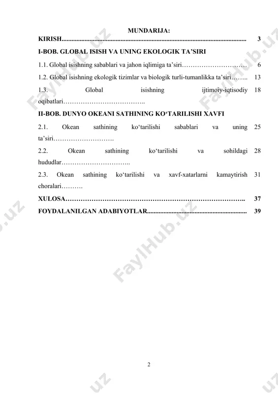 sifatida atmosferada issiqxona gazlarining miqdorining ortishi va o‘zgarishlarning kechikib amalga oshishidir. okeanlarning issiqlikni so‘rish qobiliyatining kamayishi, muzliklarning erishi natijasida suvlarning ko‘payishi va suvning kengayishi — bularning barchasi okean sathining ko‘tarilishiga olib kelmoqda. okean sathining ko‘tarilishi esa, ayniqsa, sohildagi aholi yashaydigan hududlarda toshqinlar, eroziya va yer yuzasining yutilishi kabi tabiiy ofatlarga sabab bo‘ladi. bu jarayonlar ekologik tizimlarni, agrar va sanoat sohalarini, hatto xalqaro savdo va ijtimoiy muhitni ham bevosita ta’sir qiladi. dunyo okeanidagi sathning ko‘tarilishi, shuningdek, yirik shaharlarning joylashgan hududlarini, ya’ni sohil bo‘yidagi shaharlarni xavf ostiga qo‘yadi. mavjud vaziyatni inobatga olgan holda, dunyo miqyosida iqlim o‘zgarishlari va okean sathining ko‘tarilishi masalalari jahonning barcha davlatlari uchun dolzarb bo‘lib qolmoqda. dunyo bo‘ylab bu masala bilan bog‘liq chora-tadbirlarni amalga oshirishga qaratilgan bir qator xalqaro hujjatlar va farmonlar mavjud. masalan, paris iqlim kelishuvi (2015) iqlim o‘zgarishining oldini olish va uni nazorat qilish bo‘yicha xalqaro hamkorlikni mustahkamlashni maqsad qilgan. bu kelishuvga ko‘ra, ishtirokchi davlatlar o‘zlarining issiqxona …