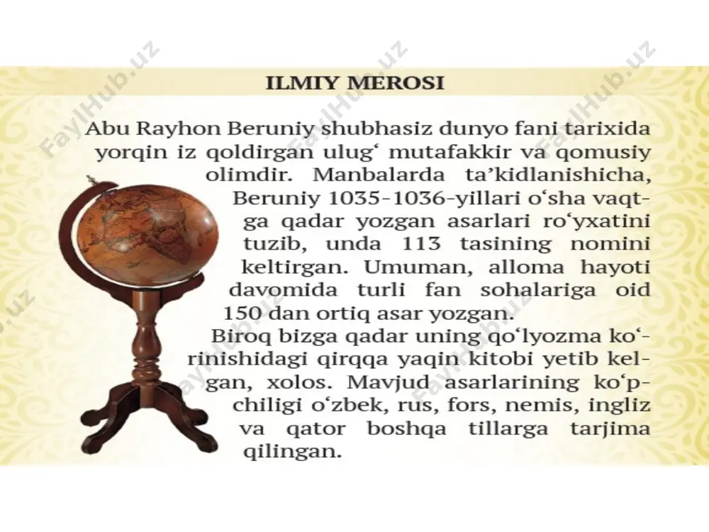 bor al-xulafo”(“xalifa lar haqida xabarlar”), “kitob al-mag’oziy”(urushlar haqida kitob”), “kitob futuh ash-shom” (“shomning bosib olinishi h’aqida kitob”)“tarix al-buldon” (“mamlakatlar tarixi”) ana shu asarlar jumlasidandir. kitob al-mag’oziy” eron, afg’oniston va oʻzbekistonning arablar istilosi va viii asrning birinchi yarmidagi siyosiy tarixi boʻyicha muhim manbalardan hisoblanadi. muallifning tarixiy asarlari bizgacha etib kelmagan, lekin ayrim parchalari balazuriy va tabariy asarlarida saqlanib qolgan. al-yaqubiy ix asrda yashagan yirik geograf, tarixchi olim dir. al-yaqubiyning ikki yirik va muhim asari bizning zamo namizgacha yetib kelgan. biri ”kitob al-buldon” (“mamla katlar haqida kitob”), ikkinchisi esa “tarix” nomi bilan mashhurdir. "kitob al-buldon” (taxminan 891 yilda yozil gan) toʻrt qismdan iborat. asarda arablar qoʻl ostidagi mamlakatlarning geografik holati, yirik shaharlar va qalalari aholisi va uning asosiy mashg’uloti, urf-odatlari, oʻsha mamlakatdan olinadigan xirojning umumiy miqdori haqida qimmatli malumotlar keltiriladi. ushbu asarning ikki moʻtabar qoʻlyozmasi g’arbiy germaniya kutubxonalarida saqlanmoqda. kitobning arabcha matni gollandiyalik mashhur sharqshunos m.de gue (1836-1909 y.) tomonidan 1892 yili …