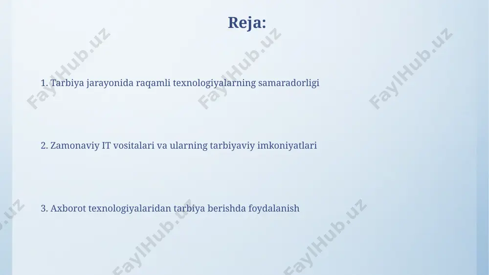 ka erishadilar. tarbiya jarayonida axborot texnologiyalarining samaradorligini baholash axborot texnologiyalarining ta'sirini baholashda, o'quvchilarning faolligi, motivatsiyasi va darsga bo'lgan qiziqishining o'sishini kuzatish uchun 5 ball shkalasi bo'yicha so'rovnoma o'tkazish va olingan natijalarni taqqoslash mumkin. samaradorlikni aniqlash uchun, axborot texnologiyalarini qo'llashdan oldin va keyin o'quvchilarning xulq-atvori, bilim va ko'nikmalarida bo'lgan o'zgarishlarni (kamida 20 foizlik o'sish) miqdor jihatidan hisoblash va taqqoslash zarur. kelajakdagi istiqbollar va yangi texnologiyalar virtual va qo'shilgan haqiqat texnologiyalaridan foydalanish orqali 3d modellashtirish va immersiv o'quv muhitlari yaratish, o'quvchilarning bilim olishga bo'lgan qiziqishini 2 barobar oshiradi. kelajakdagi ta'limda sun'iy intellekt yordamida 50% ga yaqin o'quv jarayonini avtomatlashtirish va shaxsiylashtirish imkoniyati mavjud bo'lib, bu tarbiya samaradorligini oshiradi. axborot xavfsizligi va tarbiya kiberxavfsizlik bo'yicha ta'lim dasturlari 15 soatdan iborat bo'lib, ularning 7 soati amaliy mashg'ulotlarga, qolganlari esa nazariy bilimlarga bag'ishlanadi, bu esa bolalarda axborot xavfsizligi madaniyatini shakllantirishga yordam beradi. ijtimoiy tarmoqlarni o'rganish orqali o'quvchilarga 10 ta asosiy qoidani, axloqiy me'yorlarni, muloqot madaniyatini …