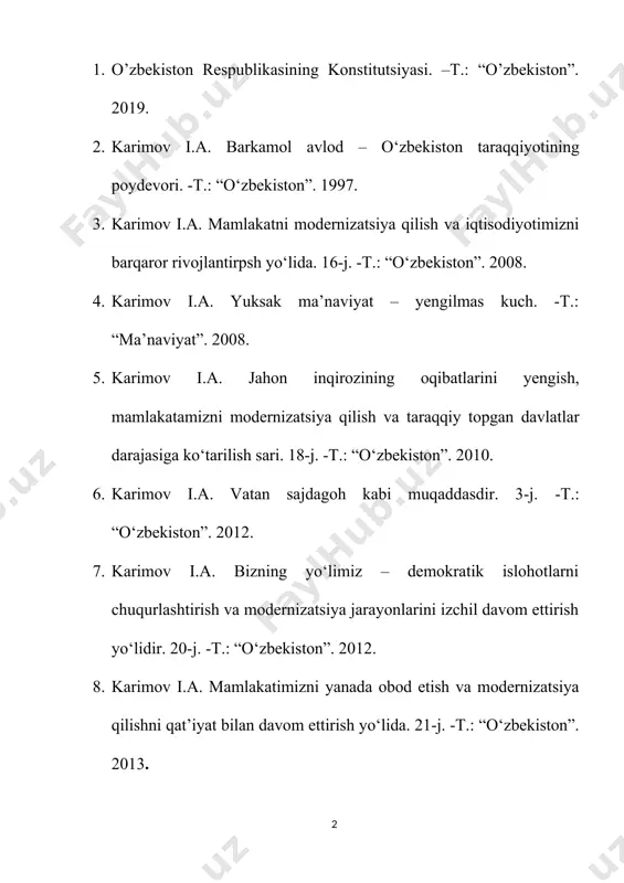 18. 12. mirziyoyev sh.m. niyati ulug’ xalqning ishi ham ulug’, hayoti yorug’ va kelajagi farovon bo’ladi. asarlar 3-jild. -т.: “о‘zbekiston”. 2019. 13. mirziyoyev sh.m. milli tiklanishdan – milliy yuksalish sari. asarlar 4-jild. -т.: “o’zbekiston”. 2020. 14. karimova e. o’zbek toleranrligining o’ziga xos xususiyatlari / o’quv qo’llanma. –t., 2006. 64 b. 15. ўзбекистоннинг энг янги тарихи хрестоматияси / масъул муҳаррир н.талипова. -т.: “fan va texnologiya”. 2014. 16. қобилов ш.р. мустақиллик ғойибдан келган эмас ... -т.: “ўқитувчи”. 2012. 17. қувватов н.б. ўзбекистонда ўтиш даври ва жамият тараққиёти. -т.: “ўзбекистон файласуфлари миллий жамияти”. 2013. 1.“таълим тўғрисида”ги қонун. кадрлар тайёрлаш миллий дастурининг қабул қилиниши. таълим миллий моделининг яратилиши ва унинг амалиёти. мактаблар негизида замонавий жиҳозланган ўқув ишлаб чиқариш марказлари ташкил этилиши режалаштирилган. маълумки, маданий-маънавий ривожланишнинг энг муҳим пойдевори – таълим тизимидир. чунки замон талабларига жавоб берадиган, илғор фан-техника, технология ютуқларини эгаллаб олган кадрларни етиштирмасдан туриб жамиятни юксалтириб бўлмайди. мустақиллик йилларида таълим-тарбия соҳасидаги эски тузумдан …