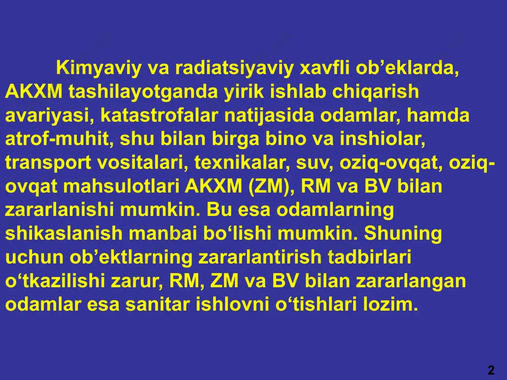s ishlov berish quyidagilarni o‘z ichiga oladi: 6 a)aholiga qisman sanitar ishlov berish, ya’ni terining ochiq joylaridan, kiyim- kechaklaridan, poyabzalidan, asboblar va anjomlardan rm yo‘qotish, zm (akxm) va bv zararsizlantirish; b)muhofaza vositalari, texnikalar, va boshqa mulklarni qisman dezaktivatsiya, degazatsiya va dezinfeksiya qilish. to‘liq maxsus ishlov berish quyidagilarni o‘z ichiga oladi: a)aholiga to‘liq sanitar ishlov berish, ya’ni tanani suv va sovun bilan yuvish, kiyim-kechak va ichki kiyimlarni almashtirish; b)kiyim-kechak, poyabzal, asboblar va anjomlar, texnikalar va boshqa mulklarni to‘liq dezaktivatsiya, degazatsiya va dezinfeksiya qilish. qisman sanitar ishlovda tananing ochiq joylaridan (yuz, bo‘yin, qo‘llarning panjalari) ipp yoki suv yordamida rm, zm, biologik aerozollardan yuviladi yoki zararsizlantiriladi. qisman sanitar ishlov qoida bo‘yicha bevosita zararlanish mintaqasida (o‘choqda) yoki u yerdan darrov chiqib ketgandan keyin o‘tkaziladi. qisman sanitar ishlov berish terini rm bilan zararlangan vaqtdan 8-12 daqiqagacha qoldirmasdan o‘tqazilsa samara beradi, undan keyin foydasi kam. qisman sanitar ishlov berish zmdan zararlangan vaqtdan 5 daqiqaga qoldirmasdan o‘tqazilsa …