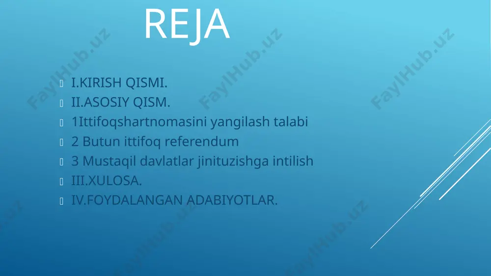 hartnoma loyihasini rad etdi. o'zbekiston respublikasi prezidentii.a.karimov o'zbekiston kompartiyasi markaziy qo'm itasining1991— yil 12-martda bo'lgan iv plenumida so'zlagan nutqida: «ittifoqshartnomasini imzolash uchun eng qulay payt qo'ldan boy be ribqo'yildi. ikki yil m uqaddam bu masalani ko'targan kishilaming ovozigahech kim quloq solmadi. markaz 1922— yildagi shartnomaga mahkam yopishib olib, oqilona takliflarni qabul etmadi, ishni paysalga soldi»,-degan edi. bu fikrning to'g'riligini hayot to'la isbotladi. iv.foydalangan adabiyotlar. 1. mirziyoev sh.m. qonun ustuvorligi va inson manfaatlarini ta'minlash yurt taraqqiyoti va xalq farovonligining garovi. - toshkent: o'zbekiston, 2017. 2. mirziyoev sh.m. milliy taraqqiyot yo'limizni qat'iyat bilan davom ettirib, yangi bosqichga ko'taramiz. t. 1. - toshkent: o'zbekiston.. 2017. 3. mirziyoev sh.m. buyuk kelajagimizni mard va oliyjanob xalqimiz bilan birga quramiz. - toshkent: o'zbekiston. 2017 image1.jpeg image2.png image3.png image4.png image5.png