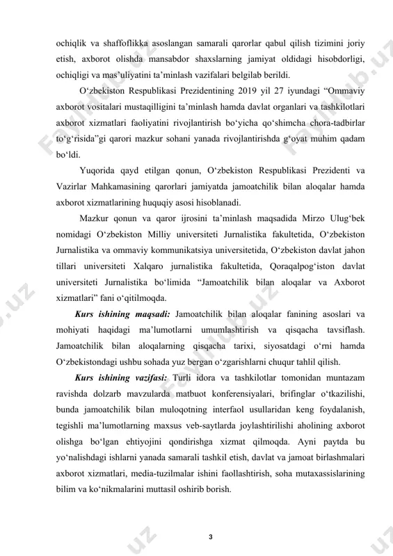 lan aloqalar (pr), axborot xizmatlari faoliyatini ilmiy tashkil etish hamda takomillashtirish, bu borada to‘plangan tajribalar haqida so‘z yuritiladi. ishning tarkibiy tuzilishi: bajarilgan kurs ishi kirish qismi, ikkita bob va qilingan xulosalardan iborat.ishda o‘rganilishi e’tiborga olingan ma’lumotlar tushunarli ravishda berildi.ishga qo‘yilgan maqsadga erishishi uchun to‘plangan adabiyotlar manbalarning nomlari va elektron manzillari keltirildi. i bob. jamoatchilik bilan aloqalar fanining asoslari va mohiyati. 1.1.jamoatchilik bilan aloqalar fani tarixi va ta’rifi buyuk bobokalonlarimiz aql mash’ali ila turli fanlarga asos solingan. aytaylik, «algebra» so‘zi qayerdan olinganini bugungi avlod yaxshi biladi. abu abdullo muhammad ibn muso al-xorazmiyning «al-jabr val-muqobala» asaridagi «al-jabr» – «algebra» atamasiga asos bo‘lgan bo‘lsa, dunyo miqyosida deyarli bir xil talaffuz etiladigan «meditsina» – asli ibn sino (abu ali al-husayn ibn abdulloh ibn al-hasan ibn ali)ga nisbatan o‘sha davrdayoq aytilgan «madadisino» (ya’ni, «sinoning madadi») atamasining hosilasidir. bugun lisonimizda keng qo‘llanayotgan «tibbiyot» fani nomi (atamasi) ham ulug‘ hakimning «tib qonunlari» asaridan olinganini shu soha mutaxassislari …