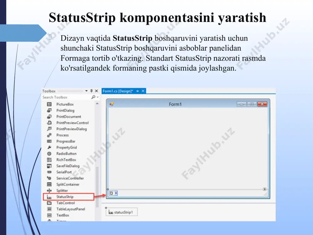 organda statusstrip komponentasida ochilgan label ilovasiga siz istagan so’zingizni chiqarishingiz mumkin. statusstrip xususiyatlari va dastur davomida qo’llanilishi. buning uchun dizayn qismiga quyidagi predmetlarni hosil qilib olamiz: 1 ta button tugma amali. 2 ta label yozuv uchun amali. 2 textbox komponenti. status strip komponentasi. e’tiboringiz uchun raxmat.