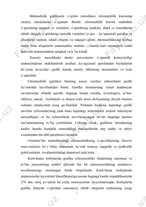 hilikni o`quvchilarga chuqur o`rgatishning eng maqbul yo`li, bu chizmachilik chuqur o`rganiladigan maxsus sinflarning tashkil qilinishi hisoblanadi. bunday maxsus sinflardagi o`qishlar o`quvchilarni biror tor mutaxassislik yo`nalishiga tayyorlashni ko`zlamaydi. bunda ta’lim qobiliyatli va grafika fanlariga qiziqish bildirgan o`quvchilarni grafik tasvirlar nazariyasi bilan chuqurroq tanishtirish, ularning chizma bajarish va o`qish malakalarini rivoj-lantirishga yo`naltiriladi. kurs ishining dolzarbliligi chizmachilik chuqur o`rganiladigan sinflarda ta’limni ikki bosqichda tashkil qilish mumkin. birinchi bosqichda kursning asosiy mazmuni chuqurlashtirib o`rganiladi va uning amaliy qo`llanilish sohalariga ko`proq e’tibor qaratiladi. ikkinchi bosqichda o`quv materialida o`rganiladigan nazariy yo`nalishlarni birmuncha kengaytirish, amaliy qo`llash sohalari bilan keng tanishish, murakkab grafik topshiriqlar bajarish va olingan bilimlarni amaliyotda mustaqil qo`llash bilan bog`liq bo`lgan ijodiy xarakterdagi topshiriqlarni bajarish ko`zda tutiladi. 1. chizmachilik fanining o‘rta osiyo va o‘zbekistonda rivojlanish tarixi. chizmachilikka oid dastlabki ma’lumotlar eramizdan oldin 300 yil muqaddam paydo bo‘lgan. rim me’mori marka vitruviy (eramizdan oldingi i asr) binolarning tekislikda tasvirlarini yasash yo‘llarini ishlab chiqqan. bu bilan u …