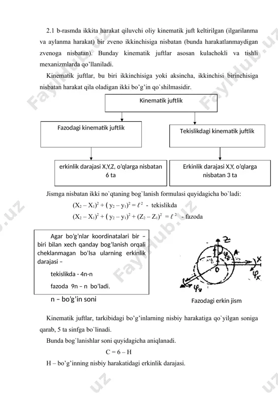ияси. – т.: укитувчи, 2004. 3. karimov r.i, saliyev a. mexanizm va mashinalar nazariyasi fanidan o’quv qo’llanma. t.: toshdtu, 2006. 4. abduvaliyev u.a., karimov r.i. “amaliy mexanika” faninig “mashina va mexanizmlar nazariyasi” bo’limidan kurs ishini bajarish bo’yicha o’quv qo’llanma – t,toshdtu, 2008. 5. karimov r.i., baratov n.b., abduvaliyev u.a.“ mexanizm va mashinalar nazariyasi” fanidan pishangli mexanizmlarning strukturaviy va kinematik mushohadasi mavzusi bo’yicha xisob – grafika ishlarini bajarish uchun uslubiy ko’rsatma. – t,toshdtu, 2010. ω2 richagli mеxanizmlar oddiy mеxanizmlar murakkab mеxanizmlar to’rt bo’g’in krivoship – koromisloli mеxanizm. 1 – qo’zg’almas bo’g’in 2 – tirsakli val (krivoship) 3 – shatun 4 - koromislo ikki еlkali ikki bo’g’in mеxanizm. 1 – qo’zg’almas bo’g’in 2 – qo’zg’aluvchan bo’g’in ikki bo’g’inli mеxanizm 1 – qo’zg’almas bo’g’in 2 – qo’zg’aluvchan bo’g’in 2 1 ω4 3 2 4 1 1 1 a b ω2 kinеmatik juftlik fazodagi kinеmatik juftlik erkinlik darajasi x,y, o’qlarga nisbatan 3 ta tеkislikdagi …