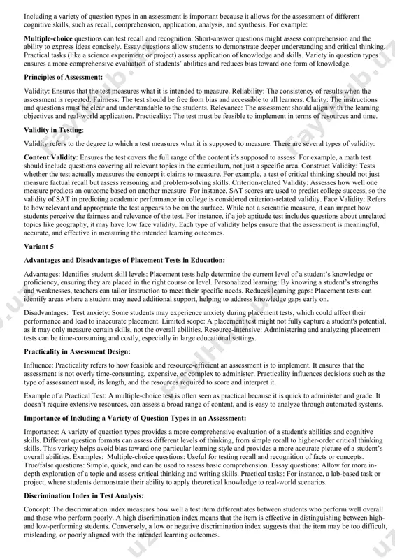 rse. variant 2 1.role of a diagnostic test: a diagnostic test is used to identify a learner’s strengths and weaknesses before starting a new learning module or course. it's typically used at the beginning of a lesson or program to understand the current knowledge base or skill level of students. the expected outcome is to pinpoint gaps in knowledge or misconceptions, allowing for targeted instruction to address those areas. 2.advantages and disadvantages of placement tests: advantages: placement tests help ensure that students are placed in courses that match their current knowledge and skill level, leading to more effective learning. they can also help educators identify students who need additional support or challenge. disadvantages: placement tests may not always accurately reflect a student's true potential, as they could be influenced by test anxiety or external factors. also, they may result in students being placed in classes that don't fully meet their …