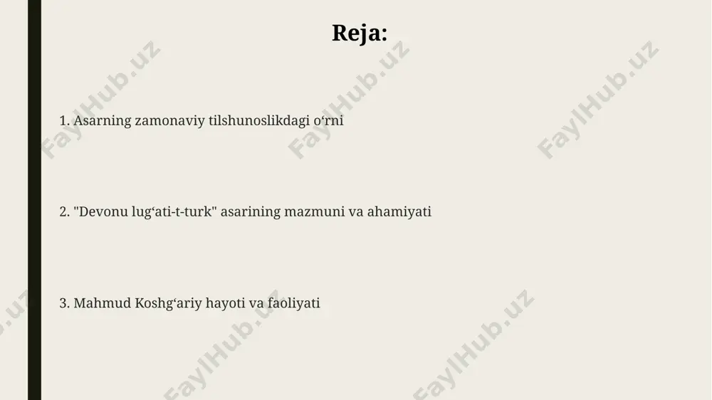k jihatdan to‘g'ri kelishi, 700 dan ortiq lug'aviy birliklarni tahlil qilish orqali aniqlangan va bu kashg'ar va uning atrof-muhitining til xususiyatlarini ko‘rsatadi. asar mazmuni va tuzilishi asar, grammatik jihatdan 7 bobga bo'lingan bo'lib, har bir bobda turli so'z turkumlariga oid ma'lumotlar berilgan va turkiy tillarning fonetik xususiyatlarini, 20 dan ortiq xalqning til va madaniyatini tadqiq qilishga bag'ishlangan. divan lug'ati't-turk 75 ta tilni o'z ichiga olgan bo'lib, ularning 12 tasi turkiy tillardir va asarda 10 mingdan ortiq so'z va iboralarni o'z ichiga oladi, shu jumladan, kashg'ar va uning atrofidagi hududlarning leksikasini aks ettiradi. divan lug'ati't-turk'da taxminan 200 dan ortiq rasmlar mavjud bo'lib, ular asarning ma'lumotlarini yaqqol ifodalaydi, shu bilan birga o'rta asr kashg'ar shahrining madaniy hayotini aks ettiradi va ko'plab geografik nomlarni eslatib o'tadi. asarning zamonaviy tadqiqotlari диван луғати-т-туркийнинг замонавий тадқиқотларида 10 дан ортиқ хорижий университетларнинг 50 га яқин олимлари иштирок этиб, асарнинг тилшунослик жиҳатларини чуқур ўрганишмоқда. "диван луғати-т-туркий"нинг электрон шакли …