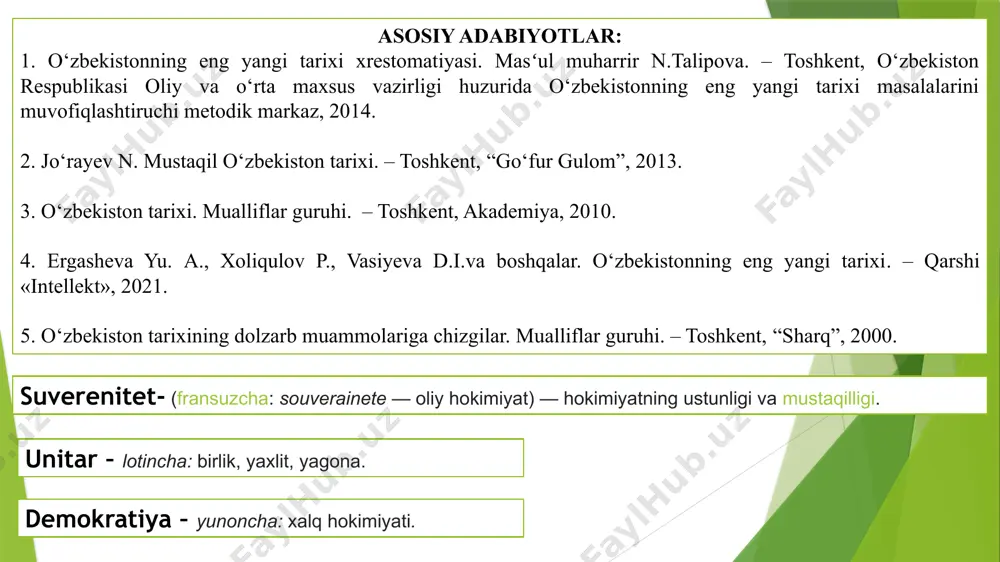 yasini chaqirishga qaror qildi o‘zbekiston kompartiyasi markaziy komiteti va markaziy nazorat qo‘mitasining 28-avgustda bo‘lgan qo‘shma plenumi respublika kompartiyasining kpss mq bilan har qanday aloqasini to‘xtatishga, kpssning barcha tashkilotlaridan chiqishga, uning markaziy organlaridagi o‘z vakillarini chaqirib olishga qaror qildi o‘zbekiston ssr oliy kengashining navbatdan tashqari vi sessiyasi 1991-yil 31-avgustda o‘z ishini boshladi. islom karimov o‘zbekiston respublikasining davlat mustaqilligini e’lon qildi dunyo xaritasida yana bitta mustaqil davlat – o‘zbekiston respublikasi paydo bо‘ldi o‘zbekiston tarixida yangi davr – milliy istiqlol davri boshlandi o‘zbekiston respublikasi mustaqillligining huquqiy asoslari: o‘zbekiston respublikasining mustaqillik deklaratsiyasi «o‘zbekiston respublikasining davlat mustaqilligi to‘g‘risidagi oliy kengash bayonoti» «o‘zbekiston respublikasining davlat mustaqilligi asoslari to‘g‘risida»gi qonun 1991-yil 6-sentabr kuni imzolangan «o‘zbekiston respublikasi mudofaa ishlari vazirligini tuzish to‘g‘risida»gi prezident farmonlari va boshqa muhim siyosiy hujjatlar shular jumlasidandir. davlat ramzlarining qabul qilinishi 1991-yil 15-fevralda o‘zbekiston oliy kengashi “o‘zbekistonning davlat ramzlari to‘g‘risida” maxsus qaror qabul qildi qarorda shunday deyiladi: «mustaqillik to‘g‘risidagi deklaratsiyaga amal qilib o‘zbekiston ssr …