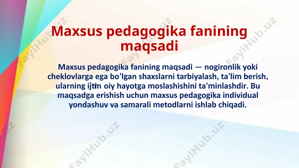 , bu esa ularning nutqni o‘rganishi va muloqot qilishida qiyinchiliklarga olib keladi. eshitish nuqsonlari bo‘lgan bolalar ko‘pincha maxsus audiologik yordamga muhtoj. alohida yordamga muxtoj bolalar toifalari 4. autizm spektridagi buzilishlar bo‘lgan bolalar autizm spektri buzilishlari (asb) bo‘lgan bolalar o‘ziga xos tarzda ijtimoiy muloqot qilishda va o‘zini atrof-muhitda ifodalashda qiyinchiliklarga duch keladilar. autizm: bu bolalar o‘zlarining hissiyotlarini va muloqot usullarini to‘g‘ri ifodalashda qiyinchiliklar bilan yuzlashadilar. ular ko‘pincha bir xil harakatlarni takrorlaydilar, ijtimoiy aloqalarda va emotsional reaktsiyalarda qiyinchiliklar kuzatiladi. asperger sindromi: bu autizm spektri buzilishining engil shakli bo‘lib, nutq va intellektual rivojlanish odatda normal bo‘ladi, ammo ijtimoiy muloqotda qiyinchiliklar mavjud. alohida yordamga muxtoj bolalar toifalari 5. psixologik rivojlanishdagi kamchiliklarga ega bolalar bu bolalar psixologik yoki emotsional rivojlanishdagi kechikishlar bilan xarakterlanadi. ular ko‘pincha o‘z his-tuyg‘ularini boshqarishda yoki ijtimoiy muloqotda qiyinchiliklarga duch keladilar. psixologik qiyinchiliklar: masalan, tashvishli bo‘lish, depressiya yoki boshqa psixologik kasalliklar, bu bolalarning jamiyatda ijtimoiylashuviga, ta'lim olishiga va hayotga moslashishiga to‘sqinlik qilishi …