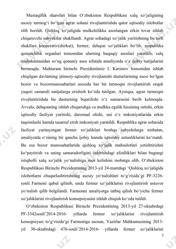 ho’jaligi mahsulotlarining yalpi ichki mahsulotdagi ulushi 16% dan ko’p. iqtisodiy faol aholining 41% dan ortig’i agrar sektorda band. ko’rinib turibdiki, agrar sektorga hos muammolarni o’rganish ayniqsa bizning respublikamiz uchun muhim ahamiyatga ega. i bob . yer rentasi. 1.1 qishloq xo’jaligining respublika iqtisodiyotida tutgan o'rni yer rentasi yer egaligini iqtisodiy jihatdan amalga oshirish (realizatsiya qilish)ning shaklidir. yer rentasining bir qancha tarixiy koʻrinishlari mavjud. yer rentasi (nem. rente — ortga qaytarilgan) — yer egasining oʻz yerini tabiiy resurs tarzida ijaraga taqsim etganligi uchun oladigan daromadi; bevosita qishloq xoʻjaligi ishlab chiqaruvchilari tomonidan yaratilgan qoʻshimcha mahsulotning yer egalari tomonidan mulk egaligi huquqiga koʻra oʻzlashtiriladigan qismi. qishloq xo’jaligida foydalaniladigan yer maydonlari tabiatan cheklanganligi sababli (inson yer resurslarini koʻpaytirishga qodir emas) barcha yerlar mustaqil tovar ishlab chiqaruvchilar tomonidan egallab olinadi va yerga xoʻjalik obʼyekti sifatida monopoliya vujudga keladi. natijada yer bilan bogʻliq renta munosabatlari paydo boʻladi. qishloq xo’jaligida yer egasi foydalanuvchilardan yerdan foydalanganlik uchun toʻlov oladi, …