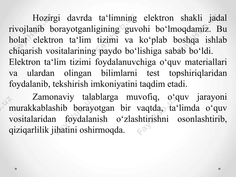 ni baxolash mezonlari mavjud. shunday o’quv muassasalarda kunduzgi kurslarning soni masofaviylarga qaraganda ko‘p. ushbu masofaviy kurslar pedagogika va uslubiyotdagi yangi yo‘nalishlarni izlanishlarida qo‘llaniladi. bu modelga misol qilib yangi angliya va avstraliya universitetidagi (http://www.une.edu.au) ta’limni olish mumkin. aralashgan model. ushbu model masofaviy va kunduzgi ta’lim turlirini integrasiyalashtirish uchun yaratiladi. o’quvchilar o’quv kursning bir qismini kunduzgi, boshqa qismini esa masofadan o’qiydi. shu bilan birga bu ta’lim turiga virtual seminar, prezentasiyalar va leksiyalar o’tkazish ham kiradi. bu modelga misol qilib yangi zelandiyadagi massey universitetidagi (http://www.massey.ac.nz) ta’limni olish mumkin. konsorsium. ushbu model ikkita universitetlarni bir biri bilan birlashini talab qiladi. ushbu muassasalardan biri o’quv kurslarni tashkil qilib ishini ta’minlasa, ikkinchisi esa ularni tasdiqlab, kurslarga o’quvchilarni ta’minlaydi. shu bilan birga bu jarayonda butun universitet emas balki bitta kafedra yoki markazi yoki universitet urnida ta’lim soxasida ishlaydigan korxonalar ham qatnashishi mumkin. ushbu modelda o’quv kurslarni doimiy ravishda nazorat qilish va muallif xuquqlarini tekshirish zarur bo‘ladi. bu …