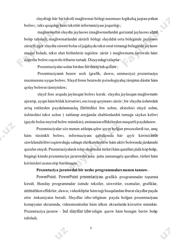 ıwshılarǵa hár qıylı hújjetlerdi óz-ara, tuwırıdan-tuwrı kórip, úyrenip shıǵıwǵa múmkinshilik beredi. ulıwma alǵanda, prezi windows operatsion sistemasında islew ushın mólsherlengen programma. prezi quramalı prezentaciya jaratıwda adobe flashdıń aqırǵı versiyalarınan paydalanadı. prezi programmasınıń ush forması ámeldegi: prezi public , prezi enjoy, prezi pro. 7 prezi public barlıq paydalanıwshılar ushın biypul bolsa, prezi pro hám prezi enjoy bolsa málim bir tólewlerdi talap etedi. canvas - (“bekkem hám turpayı mato” mánisin ańlatadı ) prezentatsiya tayarlaw ushın maydan. prezi zui texnologiyasınan paydalanǵanligi sebepli hár qanday berilgen canvas, yaǵnıy maydan kórinip turǵan aymaǵına salıstırǵanda úlkenlew boladı. zui texnologiyası paydalanıwshılarǵa maydan boylap erkin háreketleniw hám maǵlıwmat qosıw múmkinshilikyatlarini beredi. prezi programması kompyuter sıyaqlı, planshet, mobil telefonlarda da isleydi. programmanı ańsat hám qolay formada úyreniw múmkin. zoom járdeminde prezi prezentaciyası slaydpa -slayd kóshpeliydi, bálkim jańa orınǵa izbe-iz keletuǵın koridor (pathwaypoint) den paydalanıp jaqınlastırıladı. prezi - onlayn shıraylı prezentaciyalar jaratılıwma arnalǵan qosımshalar. bunda sızıqlı bolmagan prezentaciyalar tayarlanadı, qálegen …