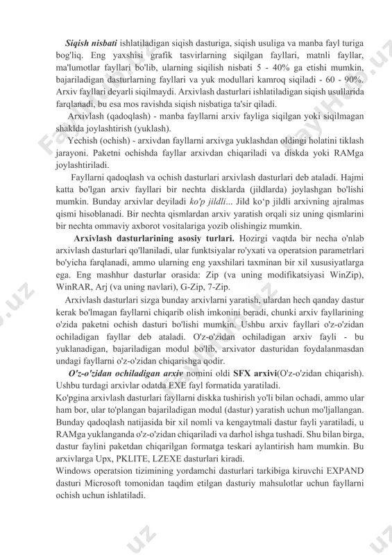 ketma-ketligini takrorlash omili va mos keladigan belgilar shaklida ifodalash orqali amalga oshiriladi. bunday axborotni siqish uchun turli xil algoritmlar qo'llaniladi. bir yoki bir nechta fayllar siqilgan bo'lishi mumkin, ular siqilgan shaklda joylashtiriladi arxiv fayli, yoki arxiv. arxiv fayli - bu siqilgan yoki siqilmagan shakldagi bir yoki bir nechta fayllarni va fayl nomlari, ularni yaratish yoki o'zgartirish sanasi va vaqti, o'lchamlari va boshqalar haqidagi xizmat ma'lumotlarini o'z ichiga olgan maxsus tashkil etilgan fayl. fayllarni qadoqlashning maqsadi odatda diskda ma'lumotlarni yanada ixcham joylashtirishni ta'minlash, vaqtni va shunga mos ravishda kompyuter tarmoqlarida aloqa kanallari orqali ma'lumotlarni uzatish xarajatlarini kamaytirishdir. bundan tashqari, bir guruh fayllarni bitta arxiv fayliga qadoqlash ularni bir kompyuterdan ikkinchisiga o'tkazishni sezilarli darajada osonlashtiradi, fayllarni disklarga nusxalash vaqtini qisqartiradi, ma'lumotlarni ruxsatsiz kirishdan himoya qiladi va kompyuter viruslari infektsiyasidan himoya qiladi. ostida siqish nisbati siqilgan fayl va asl nusxaning o'lchamlarining foiz sifatida ifodalangan nisbatini tushunish. siqish nisbati ishlatiladigan siqish dasturiga, siqish usuliga …