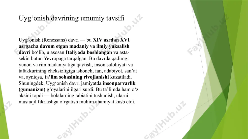 aktablar diniy tashkilotlardan (monastir va cherkov maktablari) mustaqillashib, dunyoviy ta’limni joriy eta boshladi. shaharlarda yangi turdagi maktablar tashkil qilindi: grammatika maktablari, klassik litseylar va kollejlar. darsliklar va o‘quv materiallaridagi o‘zgarishlar darsliklar ilgari faqat bibliya va diniy matnlarga asoslangan bo‘lsa, endi til, grammatika, tarix, matematika, mantiq kabi dunyoviy fanlar o‘qitila boshladi. antik davr mualliflari — siseron, vergiliy, kvintilian kabi yozuvchilarning asarlari o‘quv dasturlariga kiritildi. o‘quvchilarni so‘z boyligini rivojlantirish, mustaqil fikrlash, nutq madaniyatiga o‘rgatish maqsad qilindi. . o‘qituvchilarning roli va metodika o‘qituvchilardan endi nafaqat diniy bilim, balki pedagogik tayyorgarlik ham talab qilina boshladi. ular uchun ilk metodik qo‘llanmalar yaratilgan. ta’lim jarayonida intizom, tartib, lekin zo‘ravonliksiz tarbiya targ‘ib qilindi (bu erazm rotterdamskiy va monten ta’siri bilan). o‘quvchilar uchun imkoniyatlar asosan boy oilalarning farzandlari o‘qishga kirishgan bo‘lsa-da, gumanistlar orqali kambag‘allar uchun ham ta’lim g‘oyasi paydo bo‘ldi (tomas mor buni “utopiya”da ilgari suradi). ta’lim elita guruhiga emas, keng qatlamga yetkazilishi kerakligi haqida fikrlar paydo bo‘ldi. …