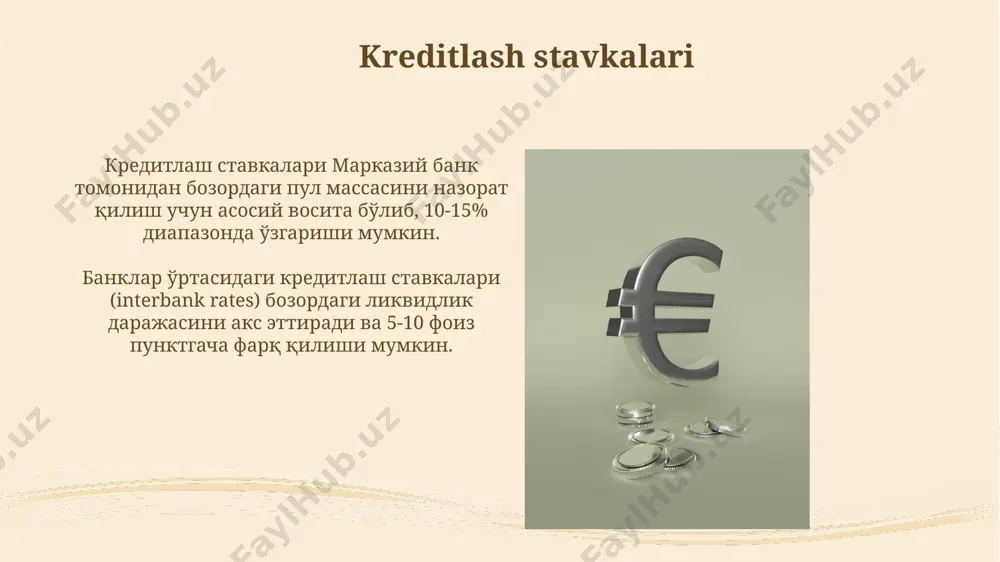 laydi va inflyatsiyani boshqarishda muhim rol o'ynaydi. asosiy stavkaning o'zgarishi, masalan, 1 foiz punktga ko'tarilishi, kreditlarning qimmatlashuviga va iqtisodiy faollikning susayishiga olib kelishi mumkin, bu esa inflyatsiyani kamaytirishga qaratilgan. majburiy zaxira nisbati мажбурий захира нисбати ўзгариши тижорат банкларининг кредит бериш имкониятларига таъсир кўрсатади, масалан, 10% дан 15% га ошиши кредит ресурсларини 5% га камайтириши мумкин. мажбурий захира нисбатини ошириш пул массасини камайтиришга, пасайтириш эса пул массасини кўпайтиришга олиб келади, бу инфляцияни назорат қилишда муҳим восита ҳисобланади. e'tiboringiz uchun rahmat @taqdimot_robot image2.jpg image3.jpg image4.jpg image5.jpg image6.jpg image7.jpg image8.jpg image9.jpg image10.jpg image11.jpg image12.jpg image13.jpg