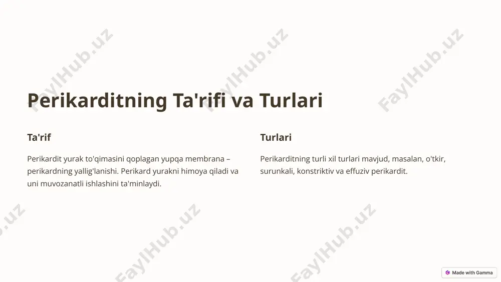 rdioplastika – perikardni qayta tiklash. 6 perikardit operatsiyalarining xavfsizligi va komplikatsiyalari xavfsizlik jarrohlik amaliyoti tajribali jarrohlar tomonidan mukammal jihozlangan operatsion xonalarda o'tkaziladi. komplikatsiyalar har qanday jarrohlik amaliyoti singari, perikardit operatsiyalari ham ba'zi xavflar bilan bog'liq, masalan, infektsiya, qon ketishi, yaqin atrofdagi organlarga shikast yetkazish. 7 perikardit operatsiyalarining natijalarini yaxshilash uchun tavsiyalar 1 dam olish operatsiyadan so'ng to'liq dam olish muhim, bu tiklanishni tezlashtiradi. 2 dori-darmonlar shifokor tomonidan belgilangan dori-darmonlarni muntazam ravishda qabul qilish kerak. 3 nazorat jarrohlikdan keyin shifokorning nazoratida bo'lish va tavsiyalariga amal qilish kerak. 8 image1.png image2.png image3.png image4.png image5.png image6.png image7.png image8.png image9.png image10.png image11.png image12.png image13.png image14.png image15.png image16.png
