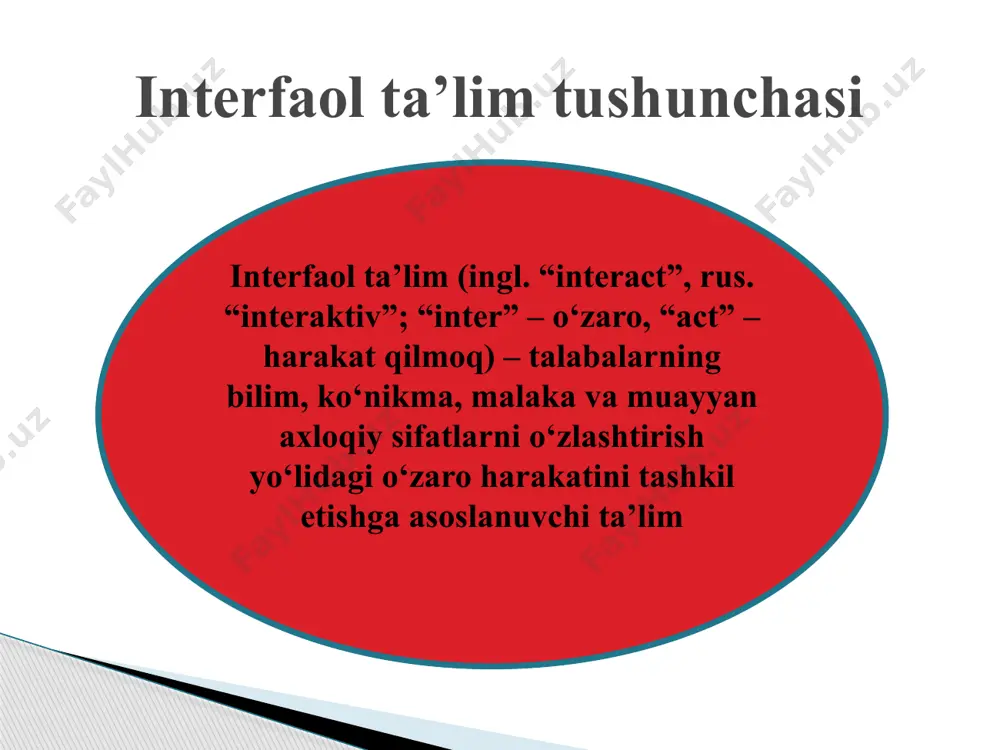 i, o‘zlashtirishni nazorat qilishiga sarflanadi dars vaqtining ko‘p qismi o‘quvchilarning mustaqil topshiriqlarni bajarishi, fikr almashishi, mushohada qilishi, o‘z xulosalarini bayon qilishi va himoyalashiga sarflanadi 8. darsning modul va algoritmi darsning modul va algoritmlaridan har bir o‘qituvchi o‘zi qo‘llayotgan metodga muvofiq foydalanadi har bir dars oldindan tayyorlangan modullar va algoritmlarga, loyihalarga muvofiq o‘tkaziladi 9. o‘quvchilar ning faollik darajasi o‘qituvchi har tomonlama faol, o‘quvchilar diqqatni jamlash, tushunish, fikrlash, topshiriqlarni bajarish bo‘yicha faol o‘qituvchi ham, o‘quvchilar ham har tomonlama faol. shakllari: o‘qituvchi-o‘quvchi; o‘quvchi-o‘quvchi; o‘quvchi-kichik guruh; kichik guruh-kichik guruh; o‘quvchi-o‘qituvchi; kichik guruh-o‘qituvchi; guruh-o‘qituvchi 10. kutiladigan natija mavzu bo‘yicha o‘quvchilarning bilim, ko‘nikma, malakalarni o‘zlashtirishlari mavzu bo‘yicha o‘quvchilarning o‘z fikr, xulosalarini shakllantirish, ularni mustaqil bilim olishga o‘rgatish interfaol metodlar deganda-ta’lim oluvchilarni faollashtiruvchi va mustaqil fikrlashga undovchi, ta’lim jarayonining markazida ta’lim oluvchi bo‘lgan metodlar tushuniladi. bu metodlar qo‘llanilganda ta’lim beruvchi ta’lim oluvchini faol ishtirok etishga chorlaydi. interfaol metodlar ushbu usul talaba (o‘quvchi)larni, harakatlar ketma-ketligini to‘g‘ri tashkil etishga, …