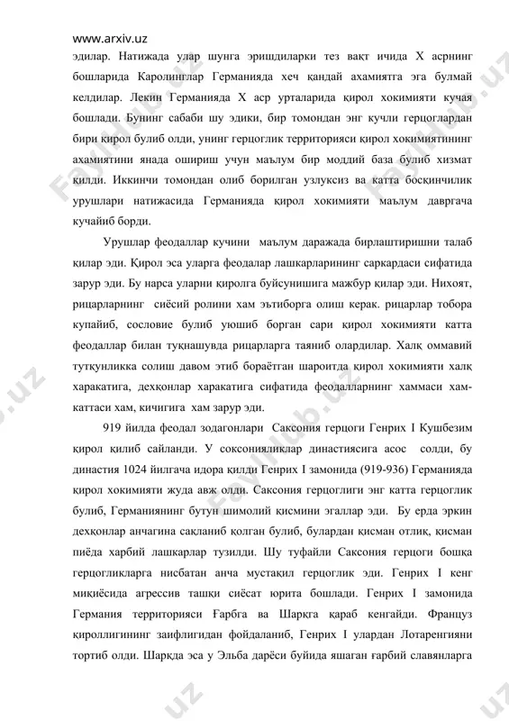 оглиги энг катта герцоглик булиб, германиянинг бутун шимолий қисмини эгаллар эди. бу ерда эркин дехқонлар анчагина сақланиб қолган булиб, булардан қисман отлиқ, қисман пиёда харбий лашкарлар тузилди. шу туфайли саксония герцоги бошқа герцогликларга нисбатан анча мустақил герцоглик эди. генрих i кенг миқиёсида агрессив ташқи сиёсат юрита бошлади. генрих i замонида германия территорияси ғарбга ва шарқга қараб кенгайди. француз қироллигининг заифлигидан фойдаланиб, генрих i улардан лотаренгияни тортиб олди. шарқда эса у эльба дарёси буйида яшаган ғарбий славянларга қарши агрессия бошлади. генрих i эльбадан утиб, славян қабилалари булмиш лютичлар ерларига бостириб кирди. немислар славянлар брамибор номли қалъсини босиб олди ва унга бранденбург деб ном берилди. эльбанинг нариги ёғидаги босиб олинган ерлар немисларнинг янада шарққа томон хужум қилиш учун плацдарм булди. шундай қилиб, генрих i немислар томонидан славянлар оламига қарши олиб борилган қонли урушлар даврини бошлаб берди. генрих i шарқда славянлардан ташқари яна венгерларга қарши хам уруш олиб борди. 933 йилда у мерзембургга …