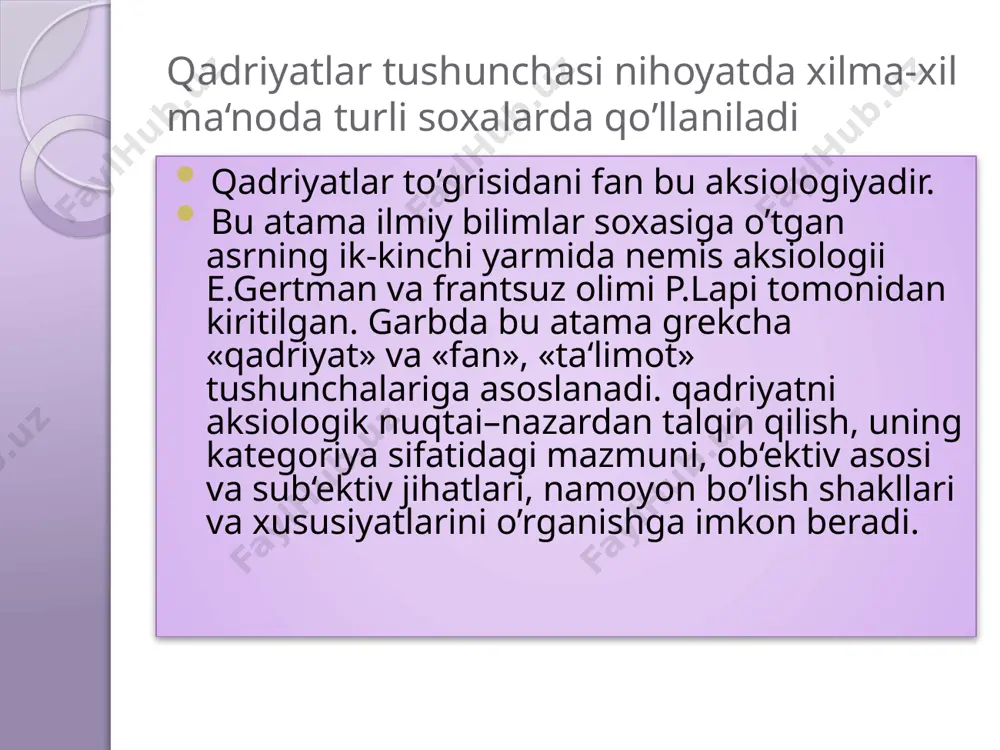 ngdek, qadriyatlarni haqi-qatni, ezgulikni, go’-zallikni ulug’lovchi qadriyatlarga ajratiш mumkin. qadriyatlar jamiyat ijtimoiy - iqtisodiy, madaniy -ma‘naviy rataqqiyotining mahsulidir. shuning uchun ham qadriyatlarda zamonning ruhi, imkoniyatlari, o’sha zamonda yashagan odamlarning orzu - umidlari, isatklari, atlab va ehtiyojlari o’z ifodasini topadi. zamonlar o’tishi bilan qadriyatlarning mazmuni va ma‘nosi o’zgarib boradi. xuddi shuning uchun ham qadriyatlarning atrbiyaviy ahamiyatga baho berganda konkret atrixiy shart - sharoitlarni doimo nazarda tutmoq zarur. qadriyatlar insonning orzulari - istаklari, niyatlari -umidlari, bir so’z bilan aytganda ideal sifatida namoyon bo’ladi. xuddi shuning uchun ham buyuk nemis faylasuflari v.vindelüband, g.rikkert at‘kidlaganidek, qadriyatlar hech qachon ob‘ektga ham, sub‘ektga ham bog’liq bo’lmagan musatqil olamni vujudga kel-tiradi. bu olam makon va zamon qonunlaridan ustun turadi. shuningdek, inso-niyatning buyuk ma‘naviy xazinasi bo’lgan qadriyatlar hech qachon o’zgarmaydi, balki m.sheler, n.gartman aytganidek, insonning qadriyatlar haqidagi atsav-vurlari o’zgaradi. butun olam qadriyatlar bilan to’lib - toshgan bo’ladi va borliqqa hamisha yangi ma‘no ato eatdi. shuning uchun ham, butun …