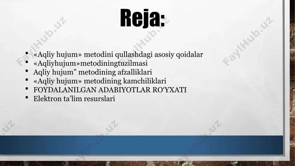 to´planadi. yo‘qorida qo‘yilgan savolga aniq va to‘g‘ri javob tanlab olinadi. afzalliklari natijalar baholanmasligi ta‘lim oluvchilarda turli fikr-goyalarning tug‘ilishiga olib keladi; ta‘lim oluvchilarning barchasi ishtirok etadi; ta‘lim oluvchilarning boshlang‘ich bilimlarini baholash imkoniyati bo‘ladi; ta‘lim oluvchilarda mavzuga qiziqish uyg‘onadi. ! kamchiliklari ta‘lim beruvchi tomonidan savolni to‘g‘ri qo‘yishning qiyinligi; ta‘lim beruvchidan yuqori eshitish qobiliyatining talab etilishi. foydalanilgan adabiyotlar: karimov i.a. o‘zbekiston milliy istiqlol, siyosat, mafkura. «o‘zbekiston» nashriyoti. t.,1993. karimov i.а. milliy mafkura haqida.– t.,2000. karimov i.а. ma’naviy yuksalish yo‘lida. – t.,1998. 4. atamuradov s., xusanov s., rametov j. ma’naviyat asoslari.– t.,2000. 5. erkaev a. ma’naviyat – millat nishoni. – t.,1997. 6. yusupov e. inson kamolotining ma’naviy asoslari.t.1998. internetdan foydalanilgan manzillar: 1. www. sbtsue. uz 2. www. pedagog. uz 3. www. ziyonet. uz 4. www. edu. e’tiboringiz uchun rahmat ! rsu image3.jpg image4.gif /docprops/thumbnail.jpeg