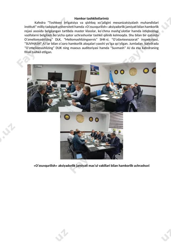 k asoslari va dasturlarini ishlab chiqish” va t-ot-2021-181 - “suv resurslaridan samarali foydalanish maqsadida egat ko’ndalang kesimining turg’un profilini va loyihaviy nishabligini ta’minlovchi yangi texnologiya va texnik vositani yaratish” mavzularidagi innovatsion grantlar doirasida faoliyat yuritishgan. kafedra professor-o‘qituvchilari tomonidan quyidagi mavzularda qator loyihalarda ishtirok etish bo‘yicha salohiyat mavjud: · qishloq xo‘jaligi va melioratsiya texnikalari ishonchliligini baholash, ularni ishchi sirtlari yeyilishga chidamliligini oshirish va detallari resursini qayta tiklash texnologiyalari · suv tanqisligi sharoitida suvtejamkor egatlab sug‘orish texnikasi elementlari va ularni rayonlashtirishning ilmiy asoslari · suv xo‘jaligi qurilishida qo‘llanilayotgan qurilish va melioratsiya texnikalarining ish jihozlarini takomillashtirish. · nasos stansiyalari bosimli quvurlarining ekspluatatsiya muddatlarini oshirish. · irrigatsiya nasos agregatlarining texnik holatini vibratsiya ko’rsatgichlari asosida nazorat qilish. kafedra laboratoriya bazasi kafedra laboratoriya bazasida eng so‘nggi rusumdagi ilmiy va o‘quv laboratoriya jihozlari va qurilish mashinalari mavjud bo‘lib, ulardan ilmiy faoliyat va o‘quv jarayonida, amaliyotlarni o‘tkazishda keng foydalanilmoqda.. jumladan, magnaflux kompaniyasining d 2060 magnit defektoskopi, herme shiqhtechnology …
