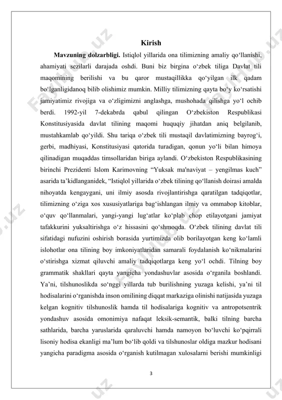 adbirlari to‘g‘risida”, 2019-yil 4-oktabrdagi pq-4479-son “o‘zbekiston respublikasining “davlat tili haqida”gi qonuni qabul qilinganining o‘ttiz yilligini keng nishonlash to‘g‘risida”gi qarorlari, 2022-yil 20-dekabrdagi o‘zbekiston respublikasi prezidentining oliy majlisga murojaatnomasi hamda mazkur faoliyatga tegishli boshqa me’yoriy-huquqiy hujjatlarda belgilangan ustuvor vazifalarni amalga oshirishda ushbu tadqiqot muayyan darajada xizmat qiladi. so‘zlarni farqlash, tilni kompyuterlashtirish, tillararo hamda ma’daniyatlararo muloqotda omonimlarning o‘rni juda katta. shu sababli omonimiya va uni bartaraf etish usullarini o‘rganish bo‘lgan talab va ehtiyoj kundan kunga ortib bormoqda. shuni ta’kidlash kerakki, turli xalqlar va mamlakatlar o‘rtasidagi munosabatlar kuchayib, faollashib borayotgan bir davrda ushbu sohaga bo‘lgan e’tibor ortmoqda. bu munosabatlarda so‘zlarning ma’nosiga e’tibor berish ko‘prik, vosita rolini o‘taydi. dunyoning barcha mamlakatlarida so‘z ma’nolarini farqlashga e’tibor kuchayayotganligi kuzatilmoqda. turli lug‘atlar, omonimiyani farqlash usullari ishlab chiqilayotganing asosiy sabablaridan biri axborot texnologiyalari sohasining takomillashishidir. mavzuning o‘rganilganlik darajasi. jahon tilshunosligida omonimlar, ularning nutqdagi o‘rni, muammoli vaziyatlari yuzasidan ko‘plab tadqiqotlar mavjud. ularning ko‘pchiligi omonimlarni turli aspektlarda o‘rganadi. jumladan, holly l. …