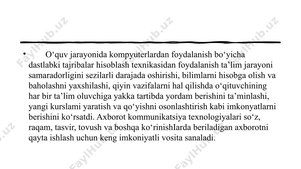 ar elektron axborot tashuv vositalari yoki kompyuter tarmog‘i orqali taqdim etishga mo‘ljallangan. elektron o‘quv nashri – bu ta’lim oluvchilar tomonidan egallashi lozim bo‘lgan bilimlar, ko‘nikmalar va malakalarni ijodiy va faol ravishda o‘zlashtirishiga ko‘maklashuvchi nashr bo‘lib, u ilmiy amaliy bilim sohasiga mos ravishdagi tizimlashtirilgan o‘quv materialini o‘z ichiga oladi. elektron o‘quv qo‘llanma – bu muayyan fanning o‘quv rejasidagi vaqt va o‘quv dasturidagi ma’lumot hajmini qisman yoki to‘liq qamragan va fanni o‘rganishga tegishli ma’lumotni to‘liq adaptatsiya qila olgan masofaviy o‘qitish va mustaqil o‘rganish uchun mo‘ljallab tayyorlangan nashr. e’tiboringiz uchun raxmat image1.jpeg image2.jpg image3.png image4.svg image5.jfif image6.jfif image7.jpg help hemis magistr stipendiya transfer doktorantura iq t-kontrakt /docprops/thumbnail.jpeg