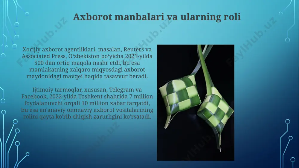 ar va istiqbollar oʻzbekistonda 2030-yilga borib, 5g tarmoqlari keng yoyilishi va sunʼiy intellekt yordamida axborot tarqatuvchi platformalar sonining 3 barobar oshishi kutmoqda, bu esa yangi media formatlarning paydo boʻlishiga olib keladi. global miqyosda, 2025-yilga kelib, dekodlash va sunʼiy intellekt orqali soxta yangiliklarni aniqlash tizimlarining 15% ga koʻpayishi prognoz qilinmoqda, bu esa axborot xavfsizligini taʼminlashga yordam beradi. an'anaviy va raqamli media vositalari oʻzbekistonning 2000-yillar boshidagi ommaviy axborot vositalarida 70% ga yaqini anʼanaviy (gazetalar, radio, televidenie) boʻlib, aholi orasida keng tarqalgan edi, raqamli media esa cheklangan edi. jahon standartlariga koʻra, oʻzbekistonda anʼanaviy va raqamli media vositalarining uygʻunlashuvi 2024-yilga borib 50/50 nisbatda boʻlishi taxmin qilinmoqda, bu esa yangi siyosatlarni talab qiladi. oav sohasidagi axborot tarqalish madaniyati toshkent shahridagi internet provayderlari tomonidan 2023-yilda oʻrtacha 10 gb/sek tezlikda internet tarmogʻi orqali 3 million foydalanuvchiga axborot tarqatilgan, bu raqam yildan-yilga ortib bormoqda. samarqand viloyatida joylashgan 2 ta radiostansiya kuniga 5 soatdan koʻproq efir vaqtida mahalliy aholi …