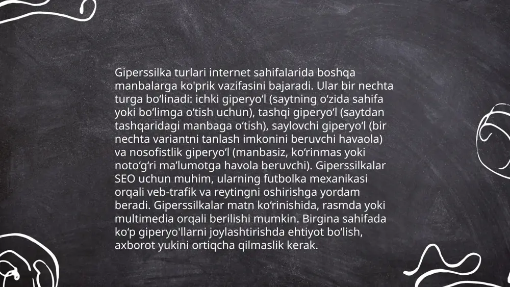 lar sahifalarda maqsadli havolalarga ishonadi, bu esa sifatli maqsadlar amaliyotining dolzarbligini isbotlaydi. ... t.me/slaydai_bot grafik elementlarga giperega qo‘shish jarayoni interaktiv vizualizatsiyani yaratishda muhim rol o‘ynaydi. grafikaga gipermurojaat qo‘shish, foydalanuvchilarni axborotni tezkor o‘zlashtirishiga yordam beradi va ularni qo‘shimcha resurslarga boshqaradi. masalan, diagramma yoki grafik elementlariga veb-sahifalar, hujjatlar yoki multimedia materiallariga havolalar kiritish mumkin. har bir gipermurojaat aniq va foydalanuvchilarga qaratilgan bo‘lishi kerak, shunda ular kerakli ma'lumotga tez yetib borishlari mumkin. grafik elementlarga mohirona qo‘shilgan gipermurojaatlar interaktiv va foydalanuvchi tajribasini oshirishga xizmat qiladi. ... t.me/slaydai_bot 10. shablondagi giperega sozlamalari. 10. shablondagi giperega sozlamalari mavzusi bo'yicha quyidagi ma'lumotlarni taqdim etaman: shablondagi giperega sozlamalari veb-saytlar va ilovalar interfeysi dizayni uchun muhimdir. ushbu sozlamalar foydalanuvchilarga moslashuvchan va qulay tajriba taqdim etish imkonini beradi. 10 dan ziyod parametrlarga moslashish mumkin, masalan, shrift hajmi, rang sxemalari, va bo'shliq o'lchamlari. ayrim hollarda sozlamalar uchun mobil va stollar uchun maxsus interfeyslar qo'llaniladi. sozlamalar yordamida interfeys turli tilda ishlatilishi mumkin, …