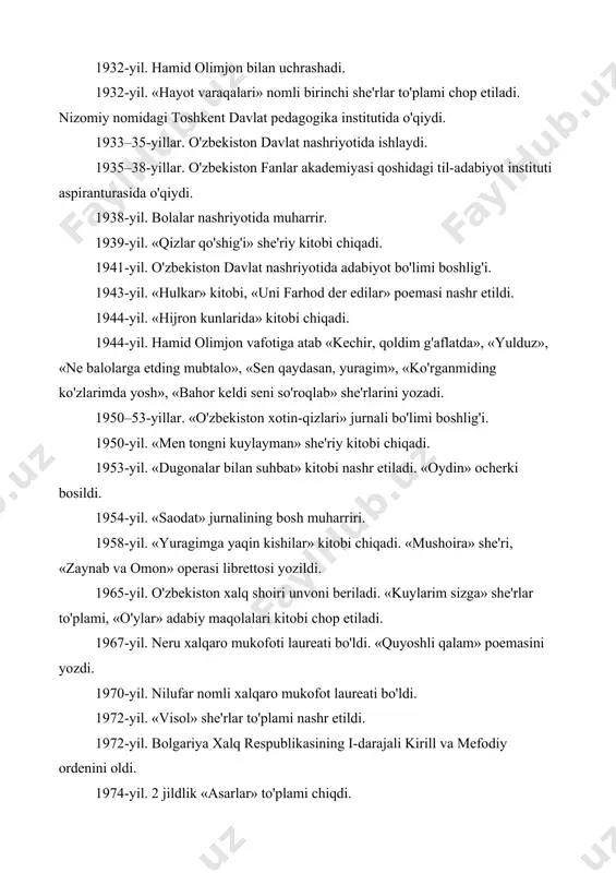 , mana she'rlar bilan tanishib oldik. endi she'rdan olgan taassurotlaringiz bilan o`rtoqlashing. shoira «tun» she'rida tun holatini, tundagi ichki tuyg`ularini, juda chiroyli aks ettira olgan. «bahor keldi seni so`roqlab» she'rida shoiraning ichki kechinmalari, iztiroblari, sog`inch hislari juda ta'sirchan berilgan. badiiy san'atlardan unumli foydalanilgan. talmeh, jonlantirish, o`xshatish, sifatlash va boshqalar. «o`g`lim, sira bo`lmaydi urush» she'ri shoira ijodida katta o`rinni egallaydi. she'rni o`qigan kishida urushga nafrat, tinchlikka muhabbat paydo bo`ladi. darslikdagi savollar ustida ishlash: o`quvchilar shoiraning she'rlari juda ko`p, siz darslikdan tashqari she'rlarini ham bilasizmi? shu she'rlardan eshitamiz. qalb bo`lganda yiroqda iroda ekan ojiz. do`stlar ham ko`p atrofda, ammo men yakka yolg`iz. birdan qalbim keksayib, qon ham qochdi yuzimdan. sen sirdoshni axtarib, hayol ketar izingdan. o`tdi oylar g`am bilan oqib, dil topmadi zarra tasallo. firoqingda qoldim tutaqib, ne baloga etding mubtalo! ko`z ochgani qo`ymaydi alam, boshim quysam kuydirar bolish. yupatolmas kitob va qalam misralarim ko`tarar nolish. mana, bir umrni yashadim sensiz, qaytmas …