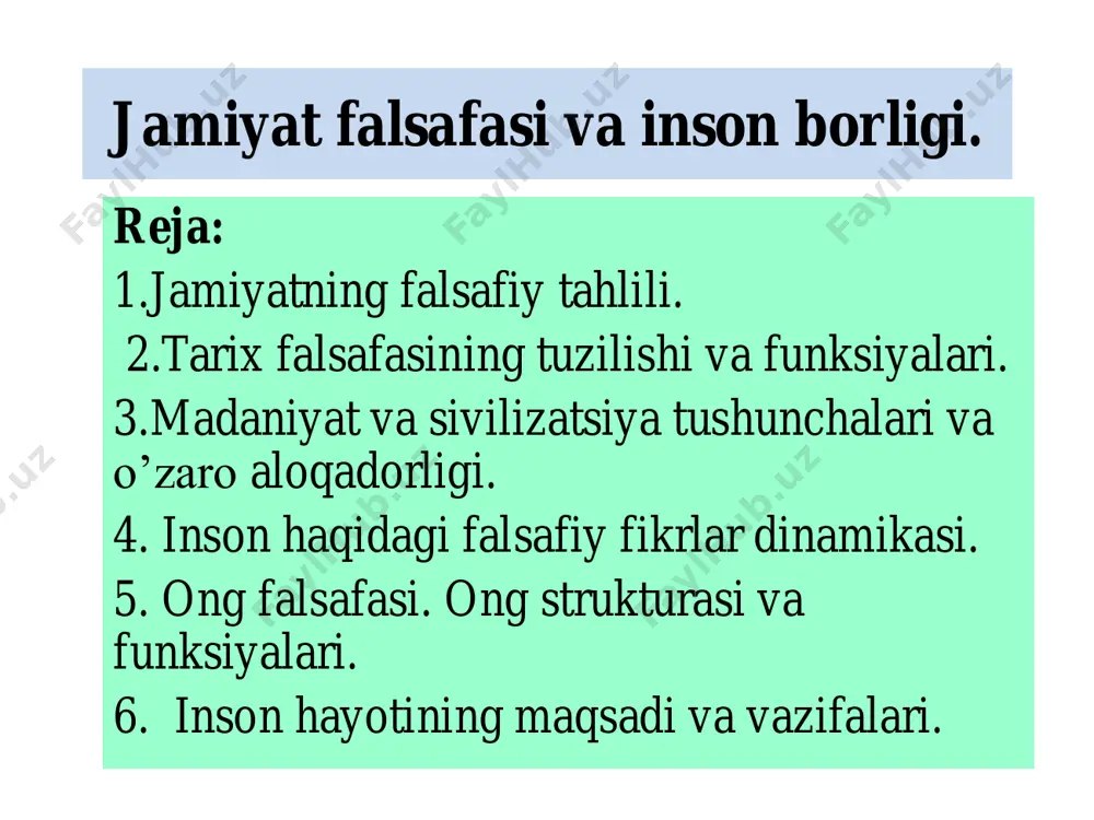 i, predmeti, metodlari, tadqiqot maqsadlari va vazifalariga ega va bu uning muayyan xususiyatlari mavjudligidan dalolat beradi. madaniyat tushunchasi. madaniyat – shaxs va jamiyat hayotining barcha jabhalarini qamrab oluvchi o‘ta serqirra hodisa. «madaniyat» atamasi arabcha «madina» so‘zidan kelib chiqqan bo‘lib, «shahar» degan ma'noni anglatadi. arablar kishilar hayotini ikki turga ajratib, birini badaviy yoki sahroyi turmush, ikkinchisini madaniy turmush deb ataganlar. madaniyat tushunchasining mazmuni moddiy va ma'naviy qadriyatlar, ularni yaratish, ajdodlar tajribasini o‘zlashtirib, undan yangi qadriyatlar yaratish uchun foydalanishga qodir bo‘lgan insonni shakllantirish usullari tizimidan iborat. madaniyat yaxlit bo‘lib, ancha murakkab tuzilishga ega. sivilizatsiya tushunchasi sivilizatsiya (lot. civilis – fuqarolik, davlatga doir) atamasi har xil ma'noda ishlatiladi. birinchidan, sivilizatsiya – insoniyat rivojlanishida varvarlikdan keyin boshlangan va sinflar, davlat vujudga kelishi, urbanizatsiya va yozuv paydo bo‘lishi bilan tavsiflanadigan tarixiy bosqich. ikkinchidan, sivilizatsiya – barcha madaniyatlar yaxlitligining tavsifi, ularning umuminsoniy birligi sifatida («jahon sivili- zatsiyasi», «ma'rifatli hayot tarzi» va sh.k.)namoyon bo‘ladi. uchinchidan, sivilizatsiya – …