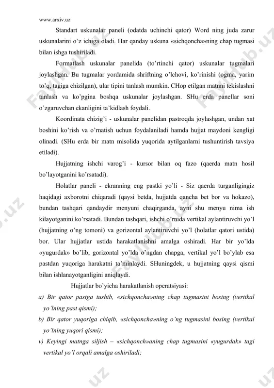 hiqib, «sichqoncha»ning o’ng tugmasini bosing (vertikal yo’lning yuqori qismi); v) keyingi matnga siljish – «sichqonch»aning chap tugmasini «yugurdak» tagi vertikal yo’l orqali amalga oshiriladi; g) avvalgi matn ekraniga o’tish «sichqoncha»ning chap tugmasini bosib, «yugurdak» usti orqali amalga oshiriladi; d) hujjatning ma’lum qismiga o’tish uchun «sichqoncha» yordamida «yugurdak» o’sha joyga olib boriladi. «yugurdak» siz ishlayotgan matn qismida joylashishi lozim. e) word dan chiqib ketish alt+f4 yoki «файл» menyusida «chiqish» buyrug’i orqali amalga oshiriladi. 3. hujjatlar bilan ishlashning acosiy ўoidalari. word ishga tushishi avtomatik ravishda yangi hujjatni hosil qiladi. i. «файл» menyusidan foydalanib (hosil qilish buyrug’i), yangi hujjatlarni hosil qilish mumkin. istalgan shablonni qo’yish imkoniyati bor. agar shablon ko’rsatilmagan bo’lsa, me’yordagi shablonni kompyuterning o’zi qo’yib beradi. yangi hujjat hosil qilish uchun uskunalar panelidagi «hosil qilish» buyrug’i yoki ctrl-n tugmalari bosish orqali amalga oshirish mumkin. ii. varaq parametrlarini o’rnatish. bu erda hamma hujjatlar tayyor bo’lgandan so’ng, aytilayotgan ketma-ketliklarni tushuntirish ma’qulroq. chunki chop etish …
