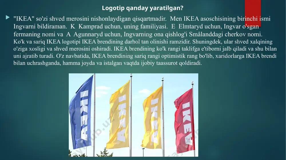 'zgarishi bilan bog'liq bo'lishi mumkin. 3. kampaniyalar va chegirmalar: ikea o'z do'konlarida va onlayn platformalarda kampaniyalar va chegirmalar amalga oshirishi mumkin. bu kampaniyalar va chegirmalar orqali narxlarda kamayish yoki qo'shilish mumkin. 4. import va eksport qo'shimchalari: ikea mahsulotlarini ishlab chiqarishda xorijiy import va eksport qo'shimchalari bilan bog'liq bo'lishi mumkin. valyuta qiymatlaridagi o'zgarishlar, import va eksport qo'shimchalari bilan bog'liq ravishda narxlarda o'zgarishlarga olib kelishi mumkin. 5. transport va logistik xarajatlari: savdo jarayonida transport va logistik xarajatlari o'zgarishi narxlarda to'siqlarni o'zgartirishi mumkin. agar transport va logistik xarajatlari o'sishi bo'lsa, bu to'siqlar mahsulotlar narxlari orqali o'zgarishlarga olib kelishi mumkin. shuningdek, ikea kompaniyasi o'z mijozlariga xizmat ko'rsatish, xaridorlarni jalb etish va sotuvlarini oshirish uchun tartibga solish, marketing strategiyalarini amalga oshirish va mijoz talablariga javob berish uchun narxlarda to'siqlarni o'zgartirishi mumkin. ikea kompaniyasining xalqaro savdodagi o’rni ikea kompaniyasi, xalqaro savdoda katta o'rni va maqomga ega bo'lgan bir brend hisoblanadi. u katta miqdordagi do'konlar tarmog'i va …