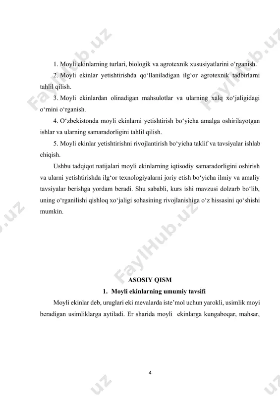 lsa uning kurish mikdori ham yukori bo’ladi. usimlik moyi kurish mikdoriga karab 3 guruhga bulinadi: kuriydigan - yod soni 130 dan zied. bunga zigir, perilla, rijik va boshkalar kiradi. yarim kuriydigan - yodsoni 85-130 gacha. bunga kungaboqar, mahsar, soya, raps, hantal va kunjut kiradi. kurimaydigan - yod soni 85 dan kam bulgan. bunga kanajunjut va er - engok usimliklari kiradi. o’zbekistonda lalmi sharoitida zigir, kunjut va mahsar ekilib kelinmokda. sugoriladigan maydonlarda takroriy ekin sifatida kunjut, er - engok va soyani ekish mumkin. mamlakatimizda asosiy moy beruvchi hom ashe pahta chigitni hisobanadi.garchi chigit moy uchun ekilmasada, tola uchun 1,5 mln ga erga ekiladi. tolasi ajratib olingan chigitlar esa respublika aholisining moy bilan ta’minlovchi asosiy hom - ashe hisoblanadi. hozirgi vaktda respublikamiz hududida 22 ta eg zavodlari mavjud bulib, ularda yiliga 350 ming t eg ishlab chikarilmokda. mahsar - urugi tarkibida 25 - 32 % och - sarik rangli, chala kuriydigan moy …
