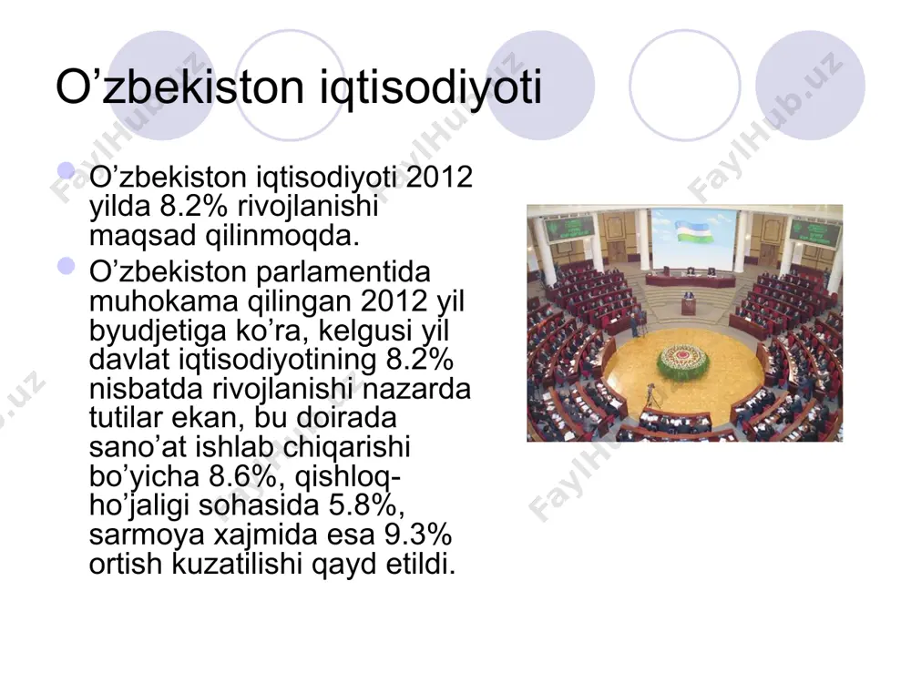 1 yanvarida o`zbekiston respublikasi prezidenti islom karimov, 2010 yilda mamlakatning ijtimoiy-iqtisodiy rivojlanishi natijalari va 2011 yilga belgilangan ustuvorliklariga bag`ishlangan ma’ruzalarida ta`kidlab o`tdilar. 2010 yillar natijalarini baholab, o`sishning barqaror yuqori sur’atlarini va davlatimizning makroiqtisodiy barqarorligini alohida ta’kidlab o`tish joiz, dedi mamlakatimiz rahbari. prezident aytishlaricha, oxirgi 10 yil ichida, ya’ni 2010 yilda 2000 yilga nisbatan, yalpi ichki mahsulot deyarli ikki barobar o`sdi, (harid qilish qobiliyati bo`yicha, yaim o`sishi bu davr ichida 2,6 barobarni tashkil qildi), aholi jon boshiga hisobida esa, 1,7 barobarni tashkil qildi, bu esa o`zidan o`zi iqtisodiyot o`sish sur’atlari barqarorligi va mamlakatda bo`layotgan katta o`zgarishlar to`g`risida dalolat beradi.