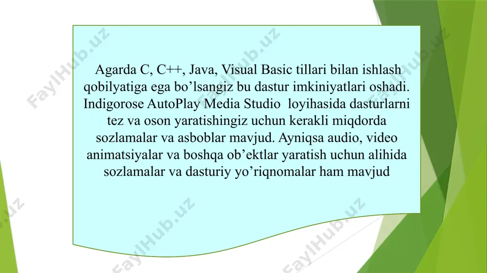 chaqirish kabi ishlarni bajarish mumkin. 15 view. bu menyu asosan amaliy dastur qurish jarayonida autoplay dastur oynasining tashqi ko’rinishini turli jihozlar bilan boyitishga xizmat qiladi, masalan, turli instrumentlar panelini ko„rinadigan qilib qo„yish (toolbars), turli muloqot oynalarini dastur oynasida akslantirib qo’yish (panes), sahifa parametrlarin belgilash uchun chizg„ich (ruler) va tor (grid) hosil qilish, bir sahifadan boshqa sahifaga tez o„tish (find page) va boshqa ishlarni bajarish mumkin. 16 object. bu menyuda 24 ta obyektni sahifaga qo’yish imkoniyati mavjud bo’lib, shundan 17 tasi konstruktorlik tizimida ishlatiladigan standart obyektlar bo’lsa, qolgan 7 tasi plagin tarzida tashkil etilgan obyektlar bo’lib, ular “plugins” buyrug’i orqali sahifaga qo’yiladi, masalan, calendar, windows stilidagi “win–button” nomli buyruq tugmasi, slider va hk. shuningdek, “properties” buyrug’idan foydalanib, sahifada belgilangan obyektning xossalar oynasini hosil qilish imkoniyati mavjud. 17 help. bu menyuda autoplay dasturi ma’lumot-nomasiga murojaat qilish (f1), foydalanuvchilar uchun qo’llanmani o’qish, on-line rejimda dastur xususiy sayti bilan bog’lanish va boshqa ishlarni bajarish …